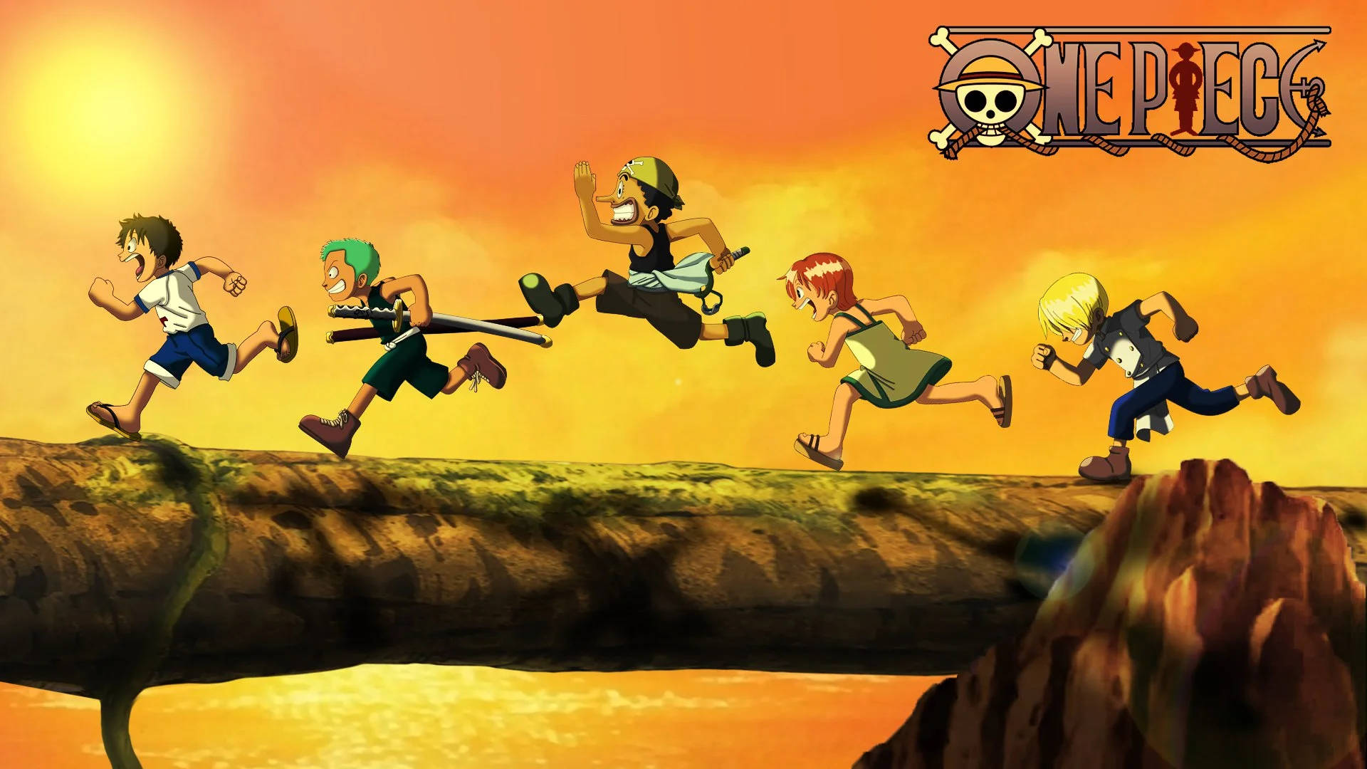 One Piece, kids running, mossy log, Full HD Desktop Wallpaper
