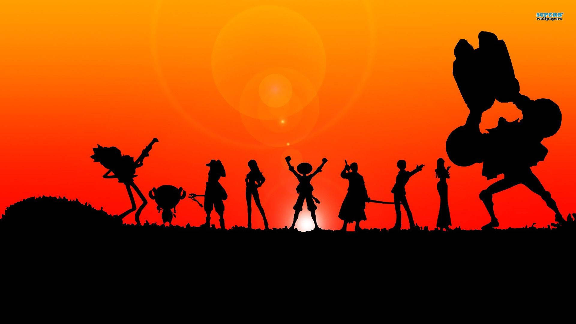 One Piece, silhouette, fiery orange sunset, Full HD Desktop Wallpaper