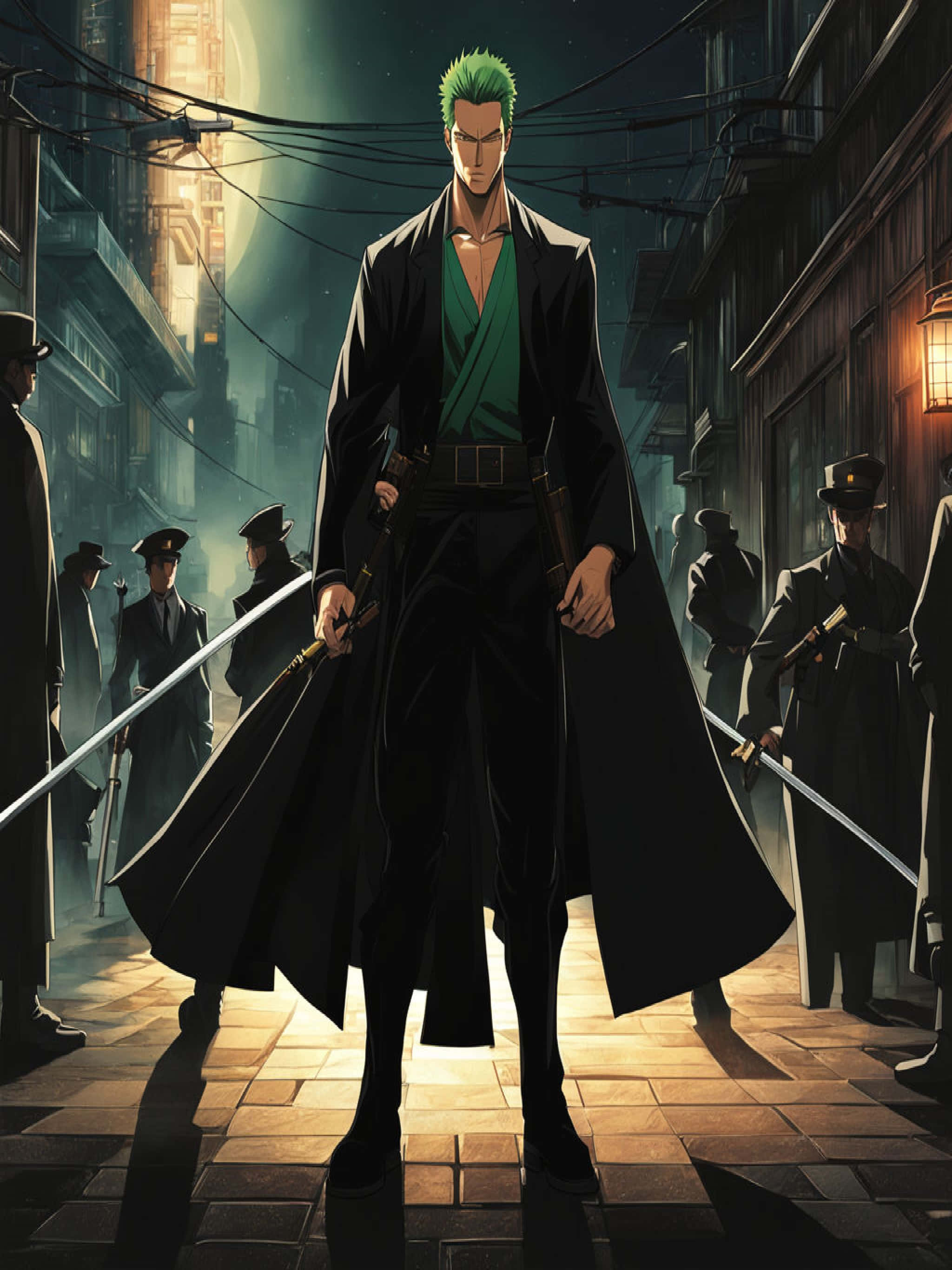One Piece, green-haired swordsman, black coat, 2K Phone Wallpaper