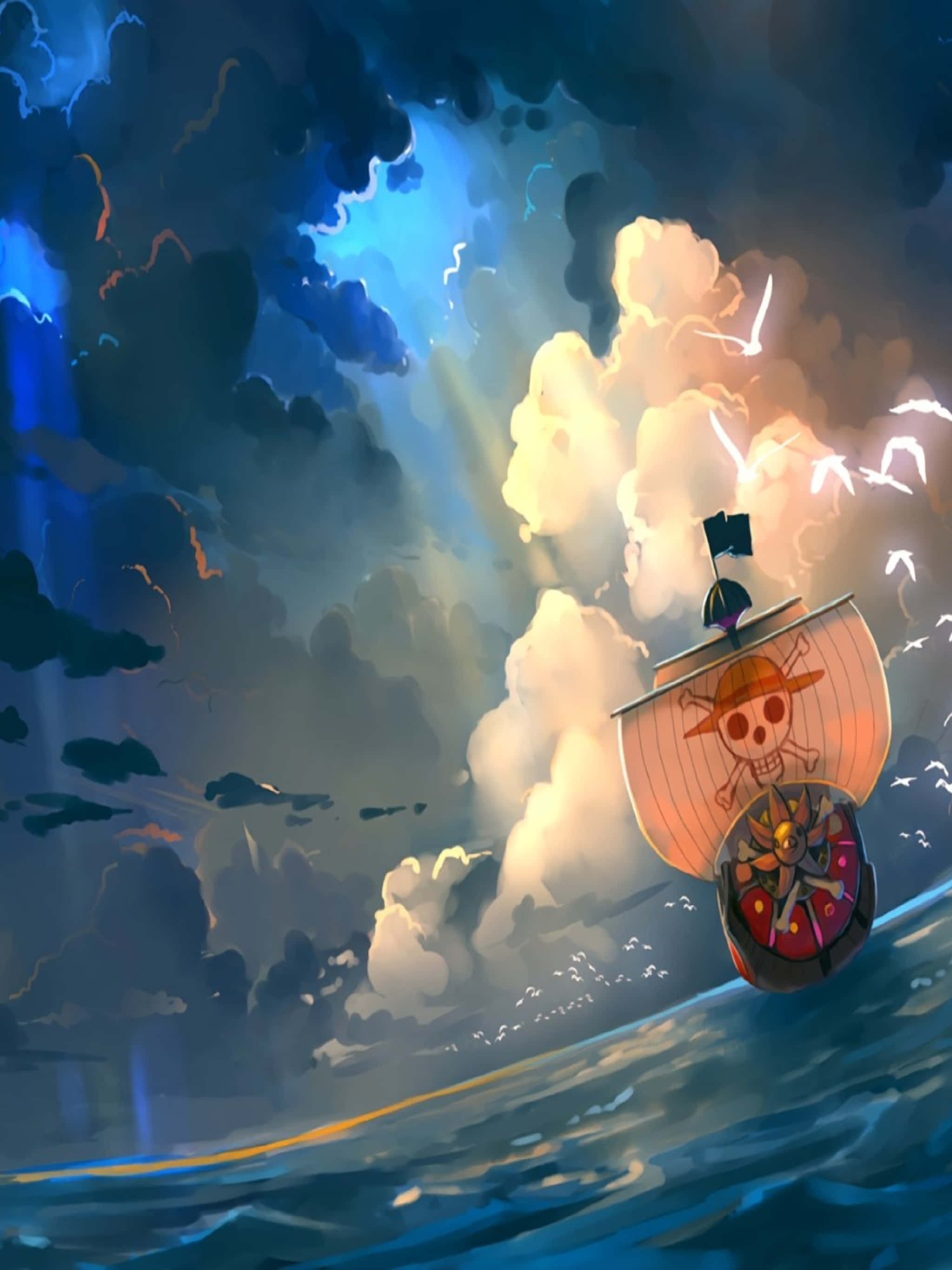 One Piece, ship, skull flag, 2K Phone Wallpaper