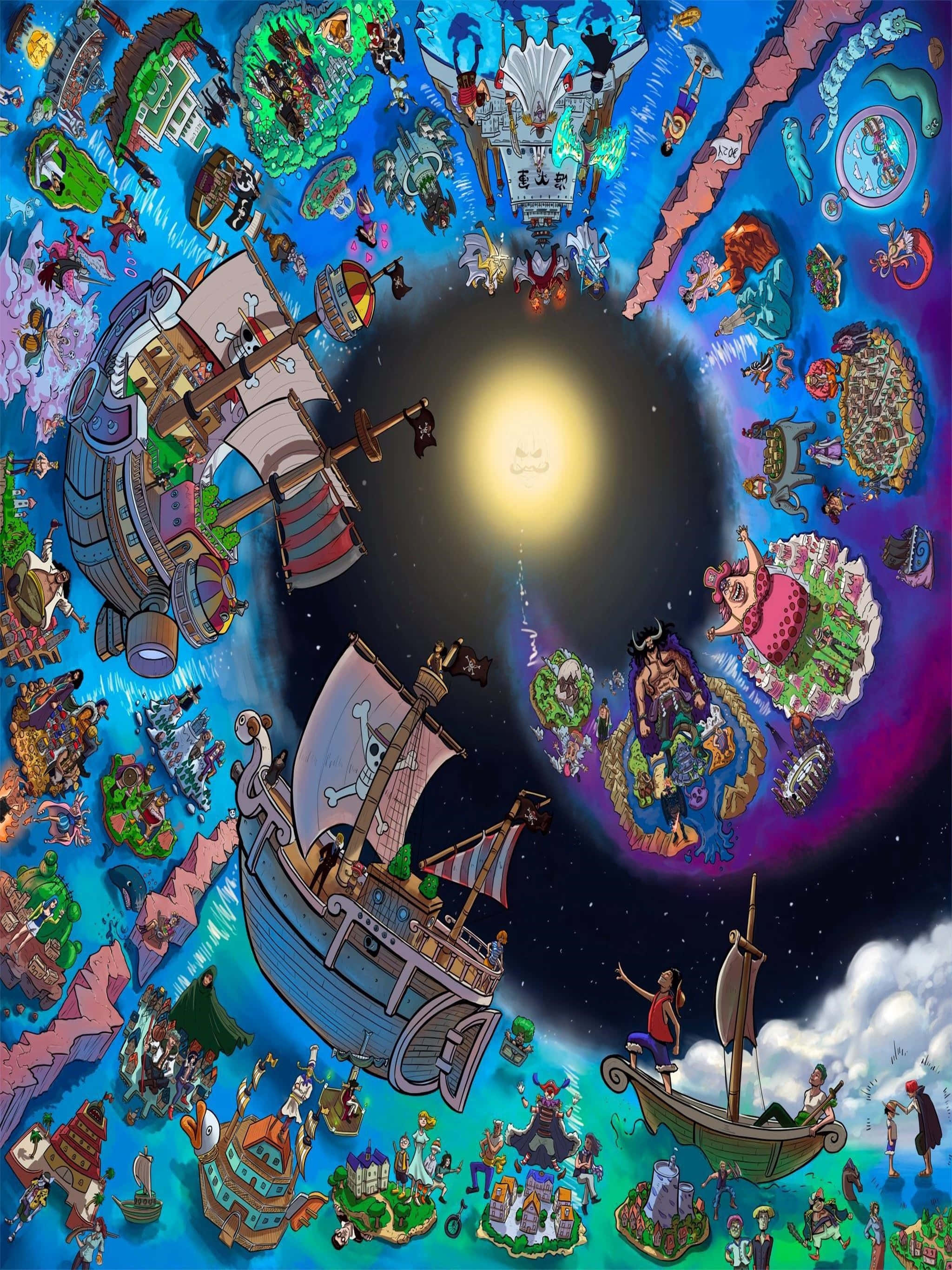 One Piece, world navigation, cartoon map, 2K Phone Wallpaper