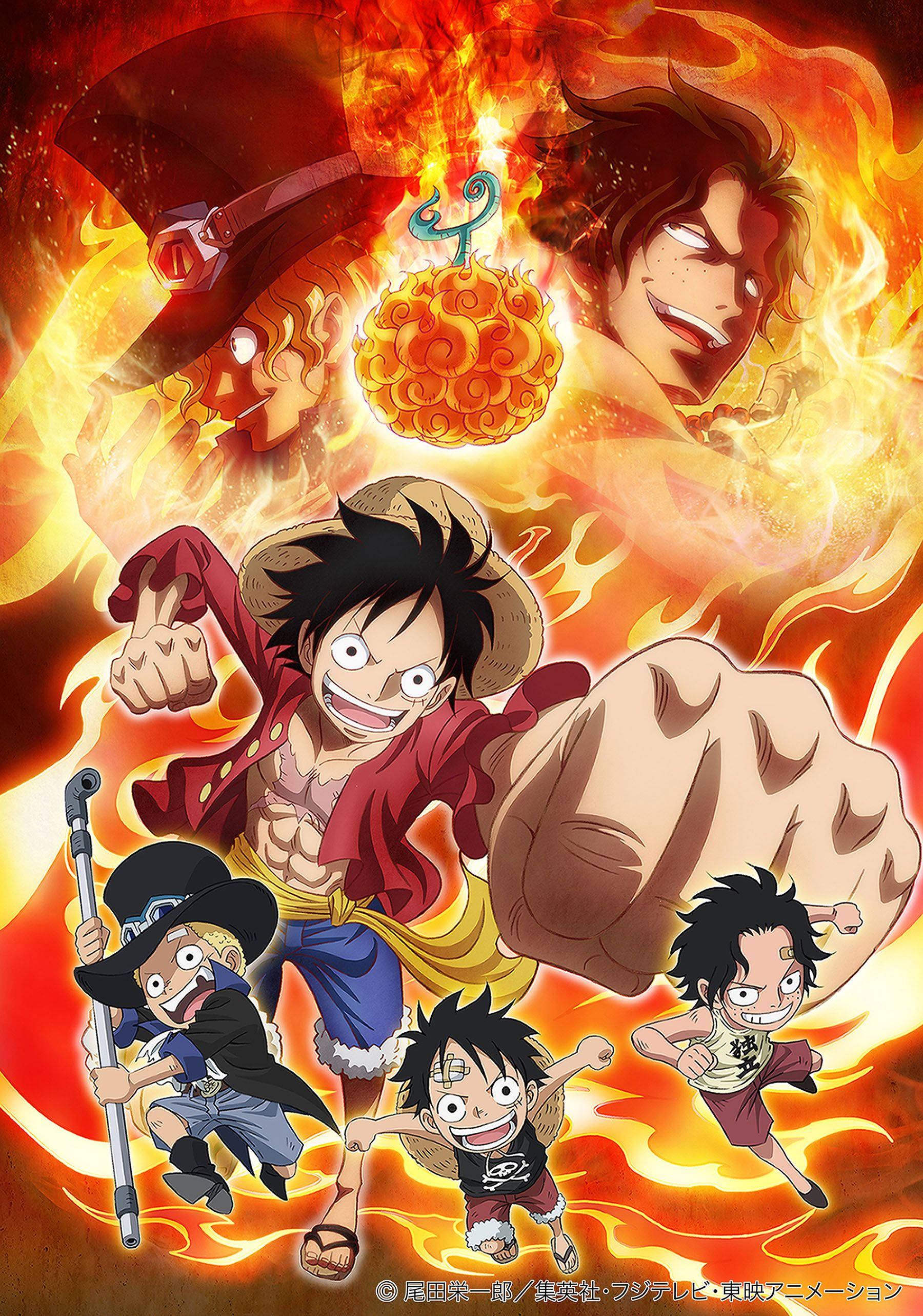 One Piece Live, flaming background, glowing fruit, 2K Phone Wallpaper