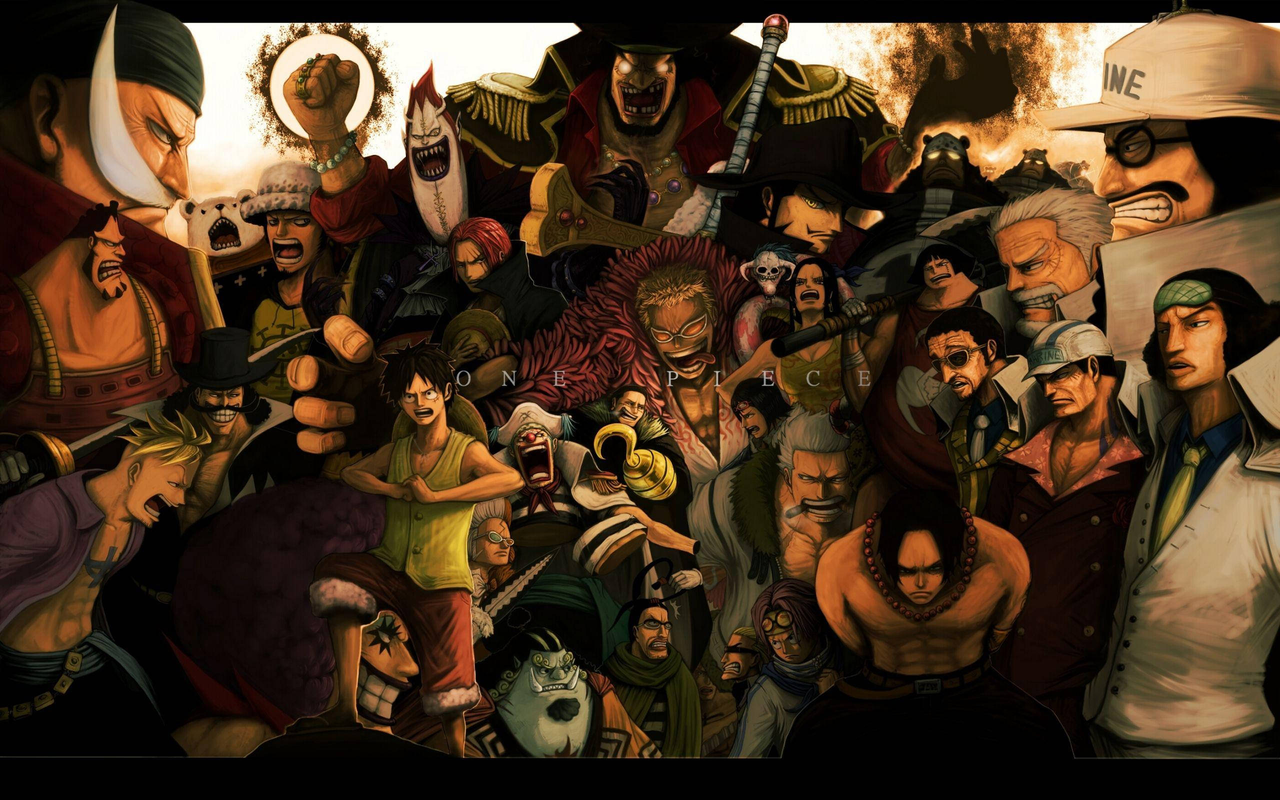 One Piece, stylistic artwork, anime collage, 2K Desktop Wallpaper