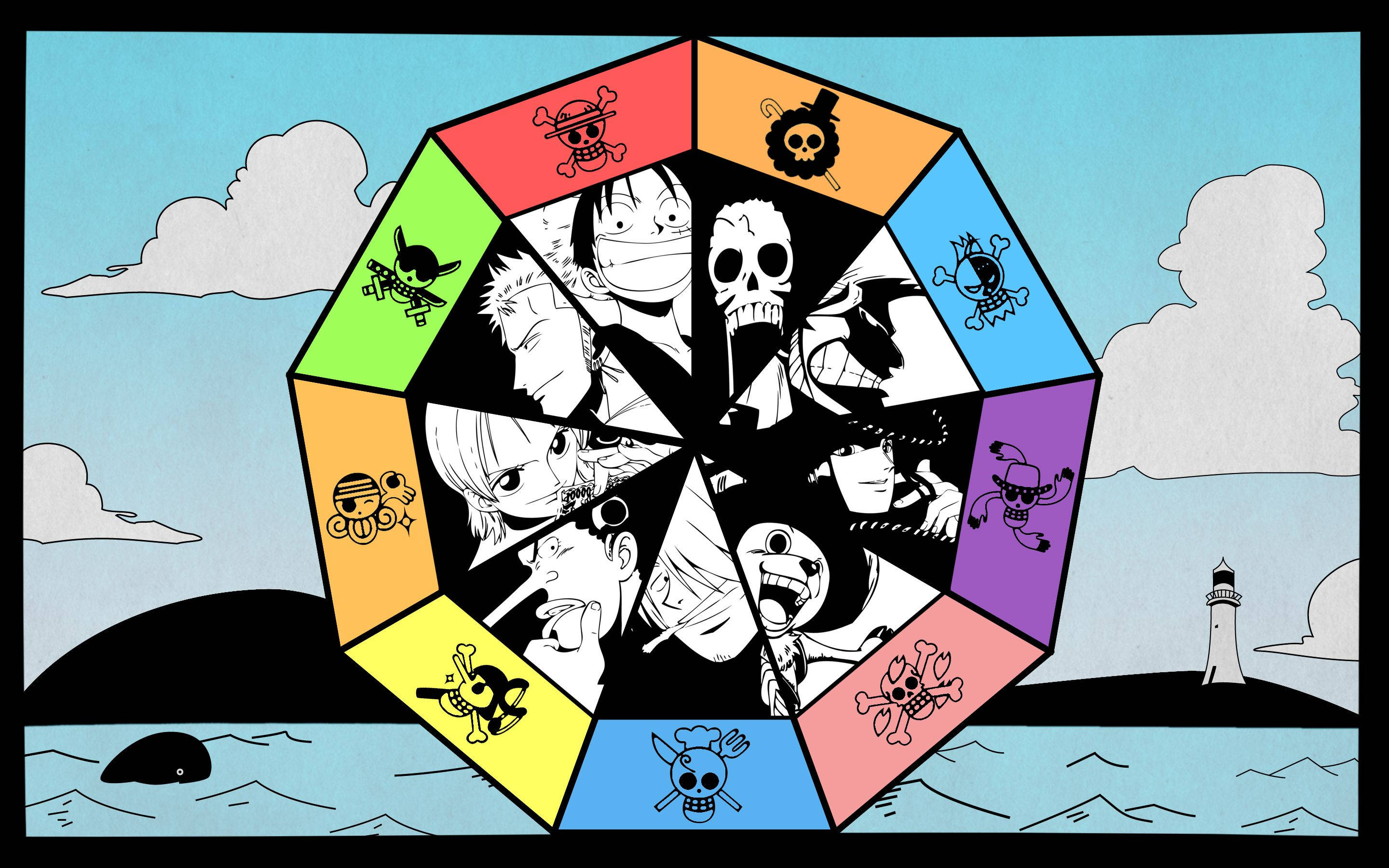 One Piece, anime pirate characters, octagonal wheel, 2K Desktop Wallpaper