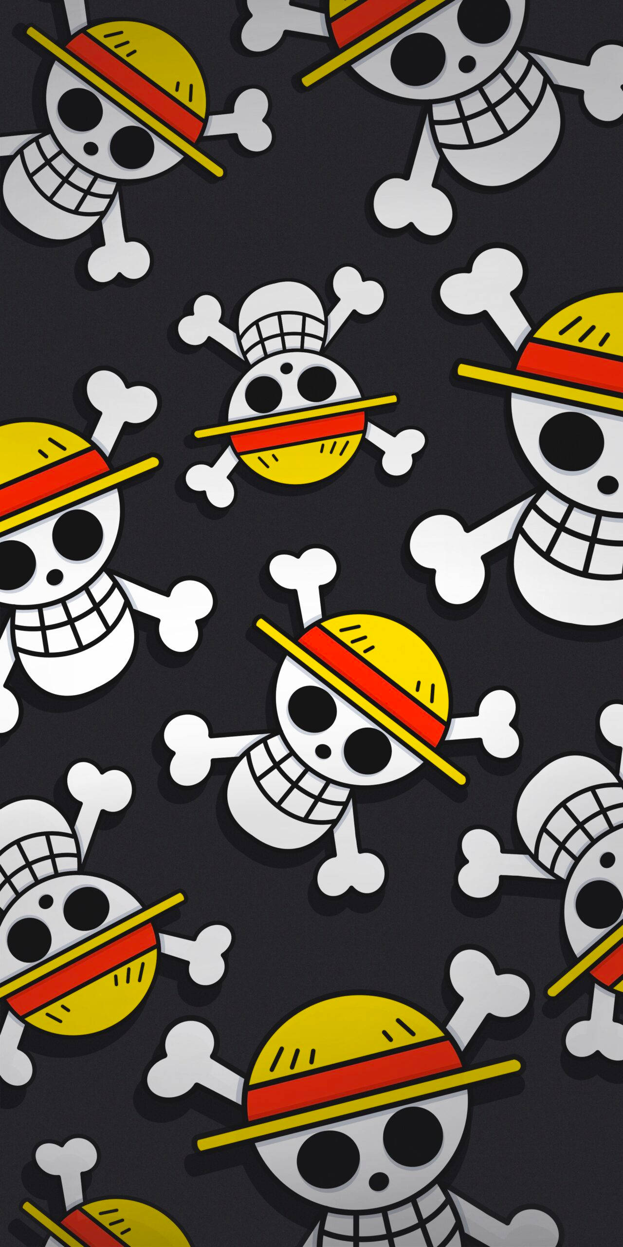 One Piece Logo, cartoon skulls, yellow hats, 2K Phone Wallpaper
