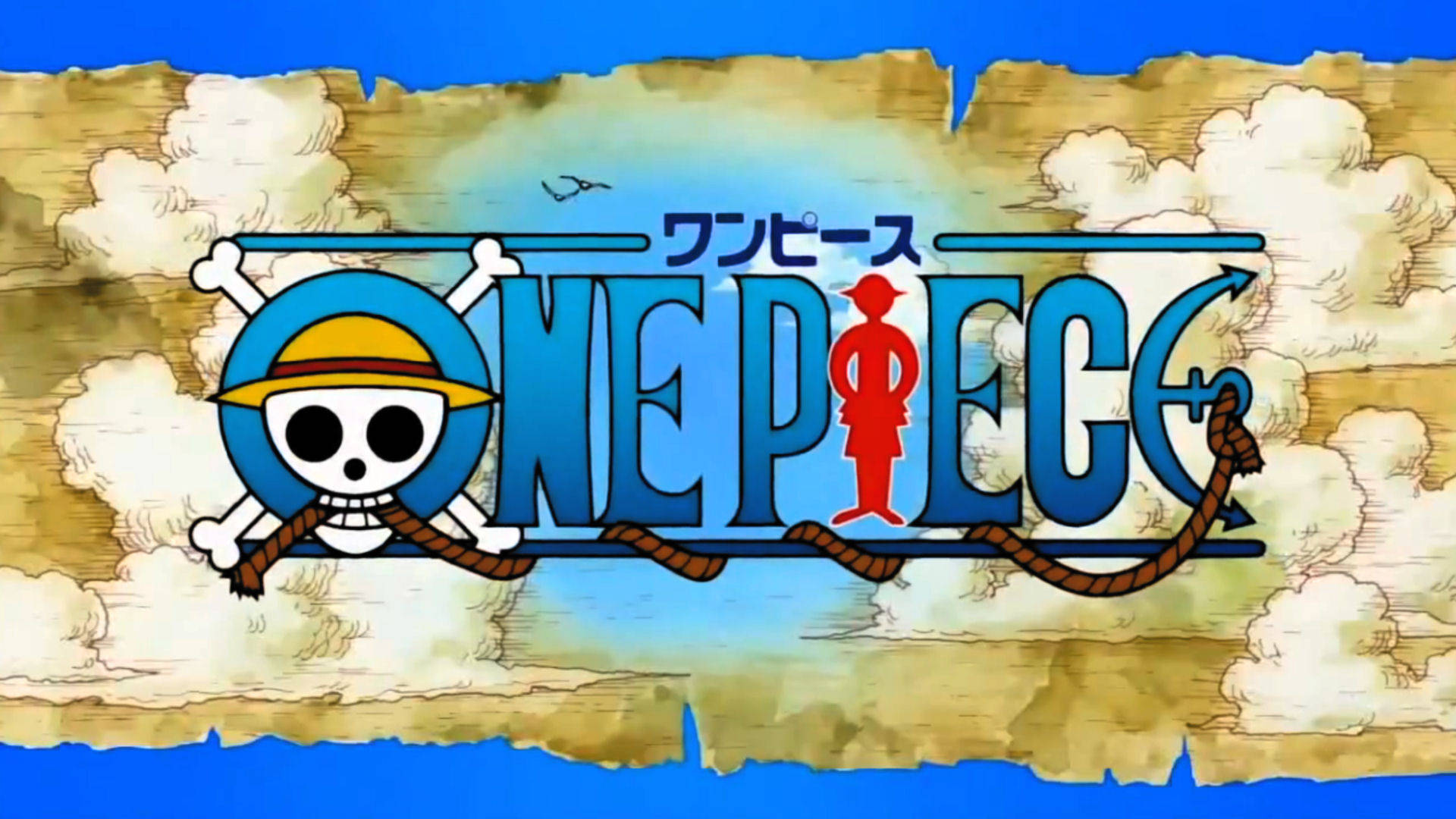One Piece Logo, skull wearing a straw hat, red silhouette of a man, Full HD Desktop Wallpaper