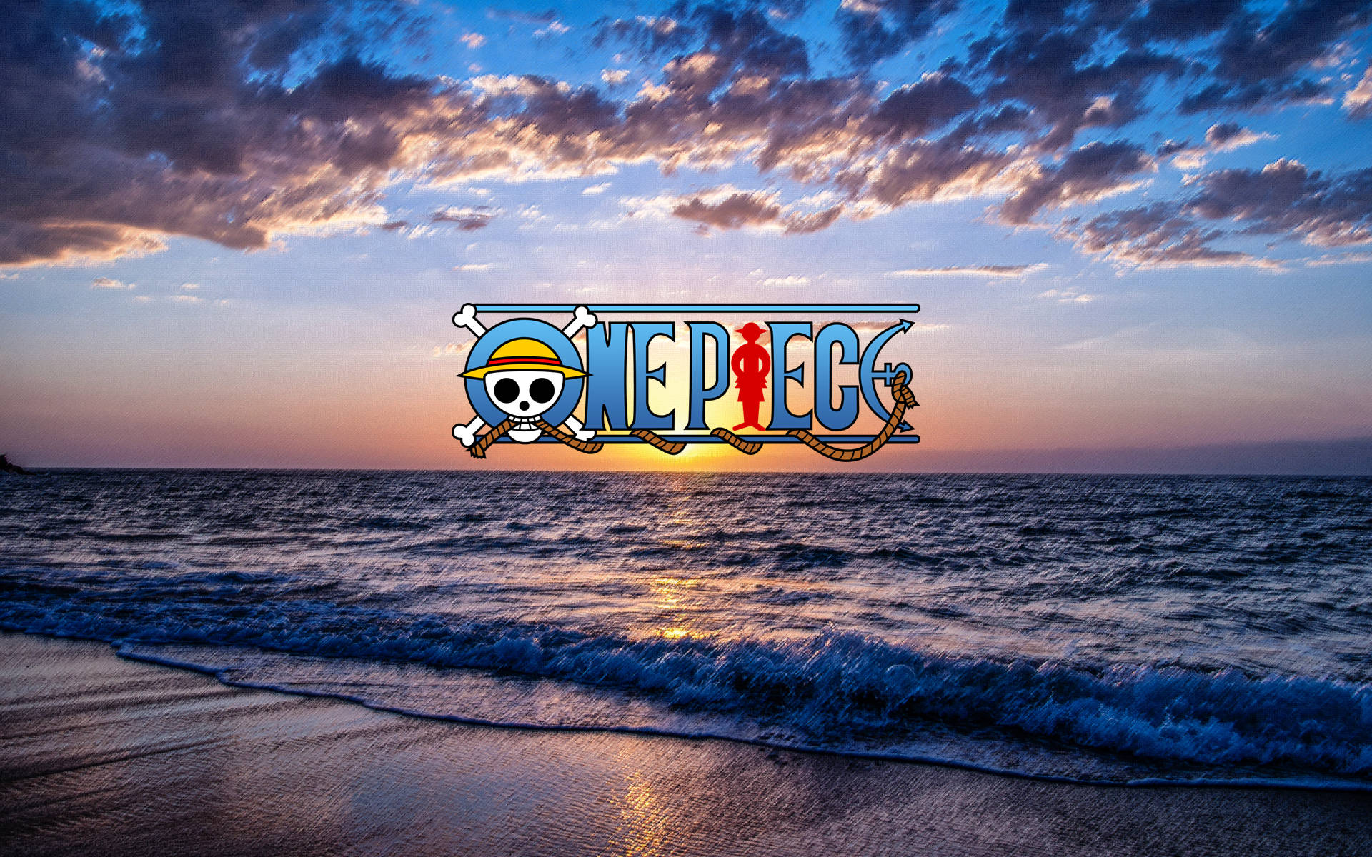 One Piece Logo, horizon, sunset beach, Full HD Desktop Wallpaper