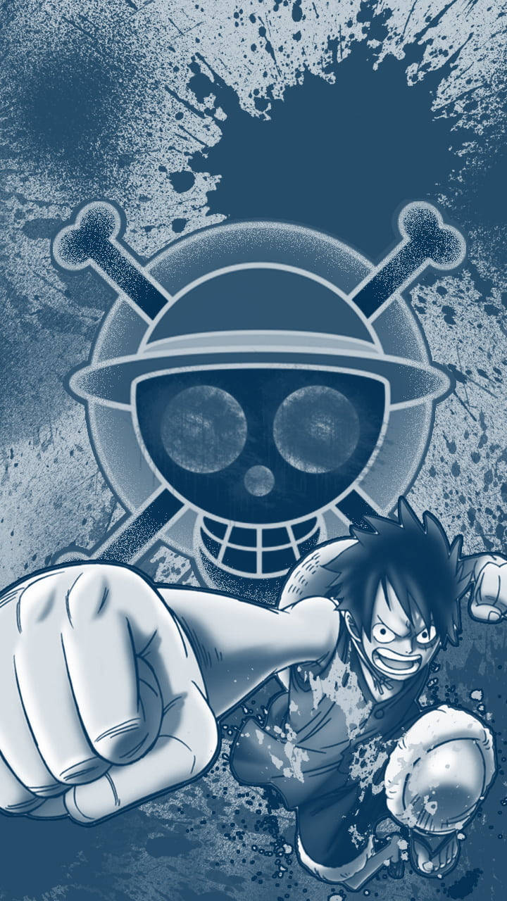 One Piece Logo, skull and crossbones emblem, gritty blue splatter background, HD Phone Wallpaper