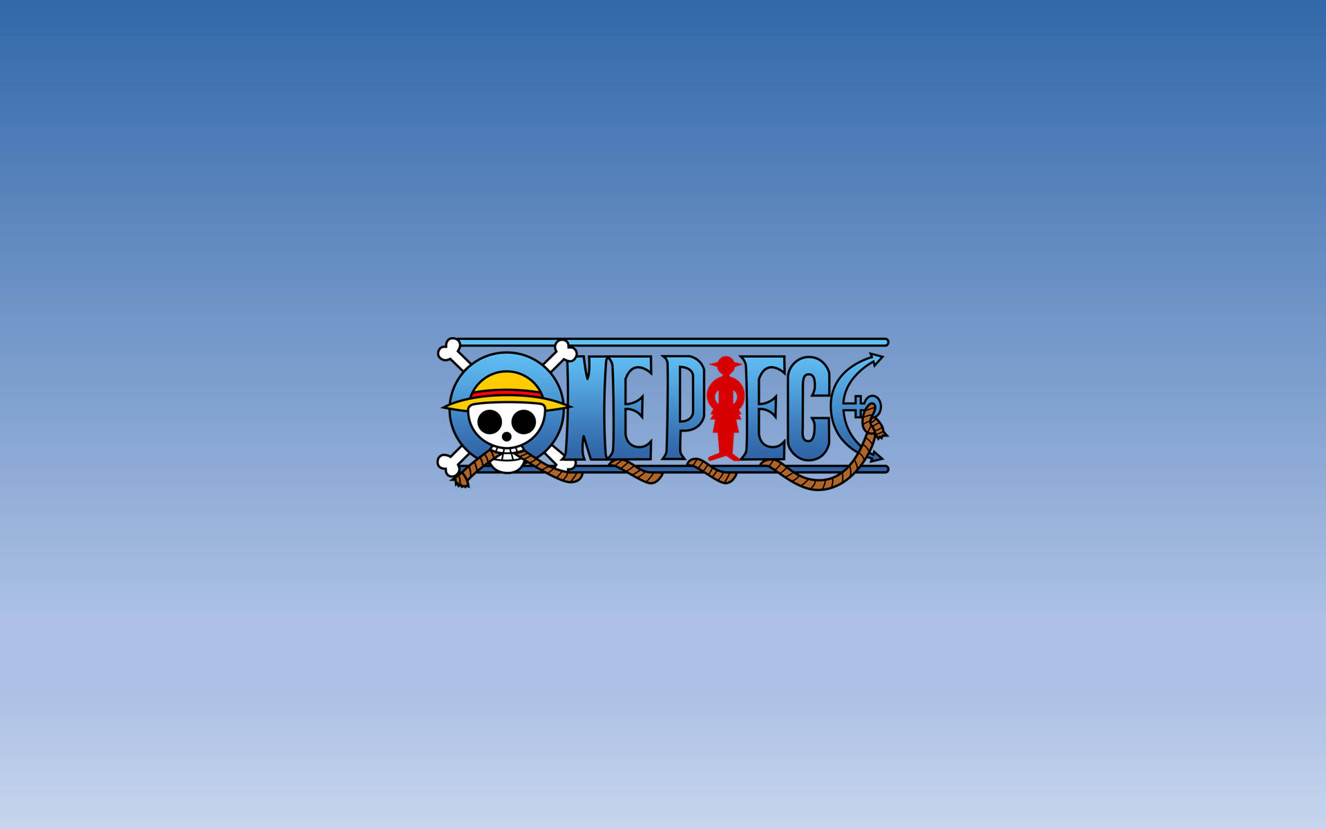 One Piece Logo, gradient blue background, skull and crossbones emblem, Full HD Desktop Wallpaper