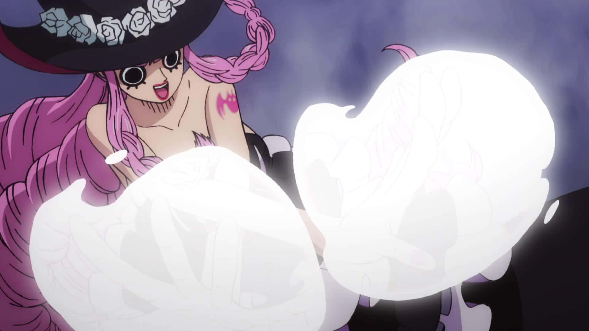 One Piece Stampede, pink-haired anime girl, black hat with white roses, Full HD Desktop Wallpaper