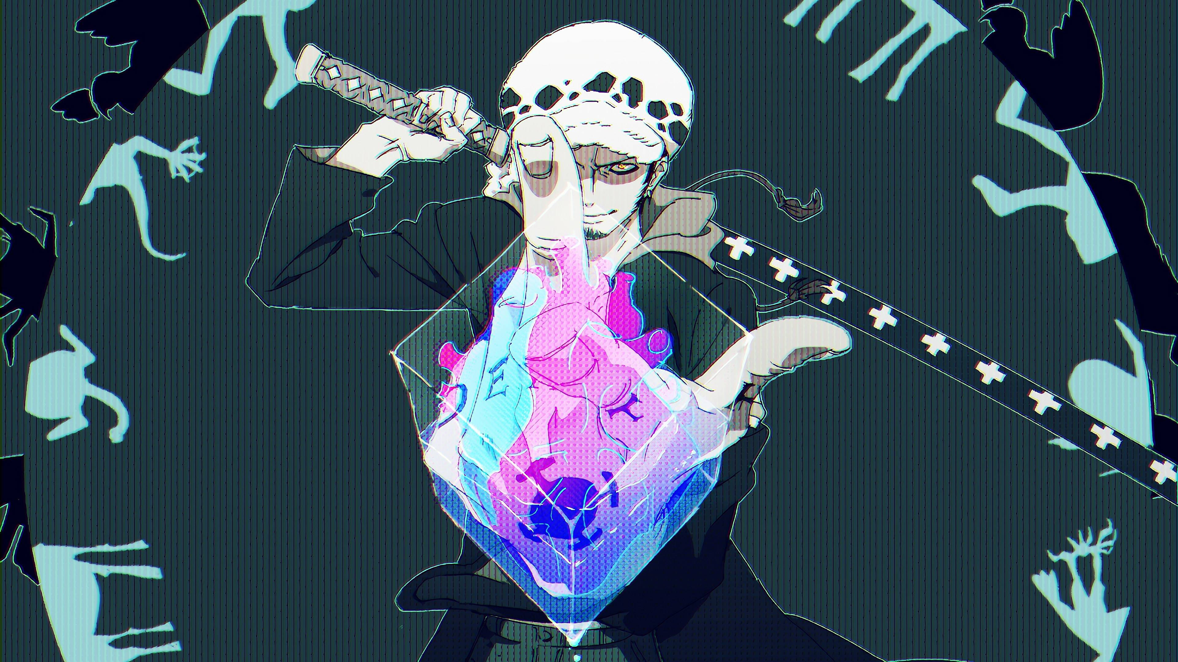 Trafalgar Law, skull-patterned headband, glowing pink and blue heart-shaped crystal, 4K Desktop Wallpaper