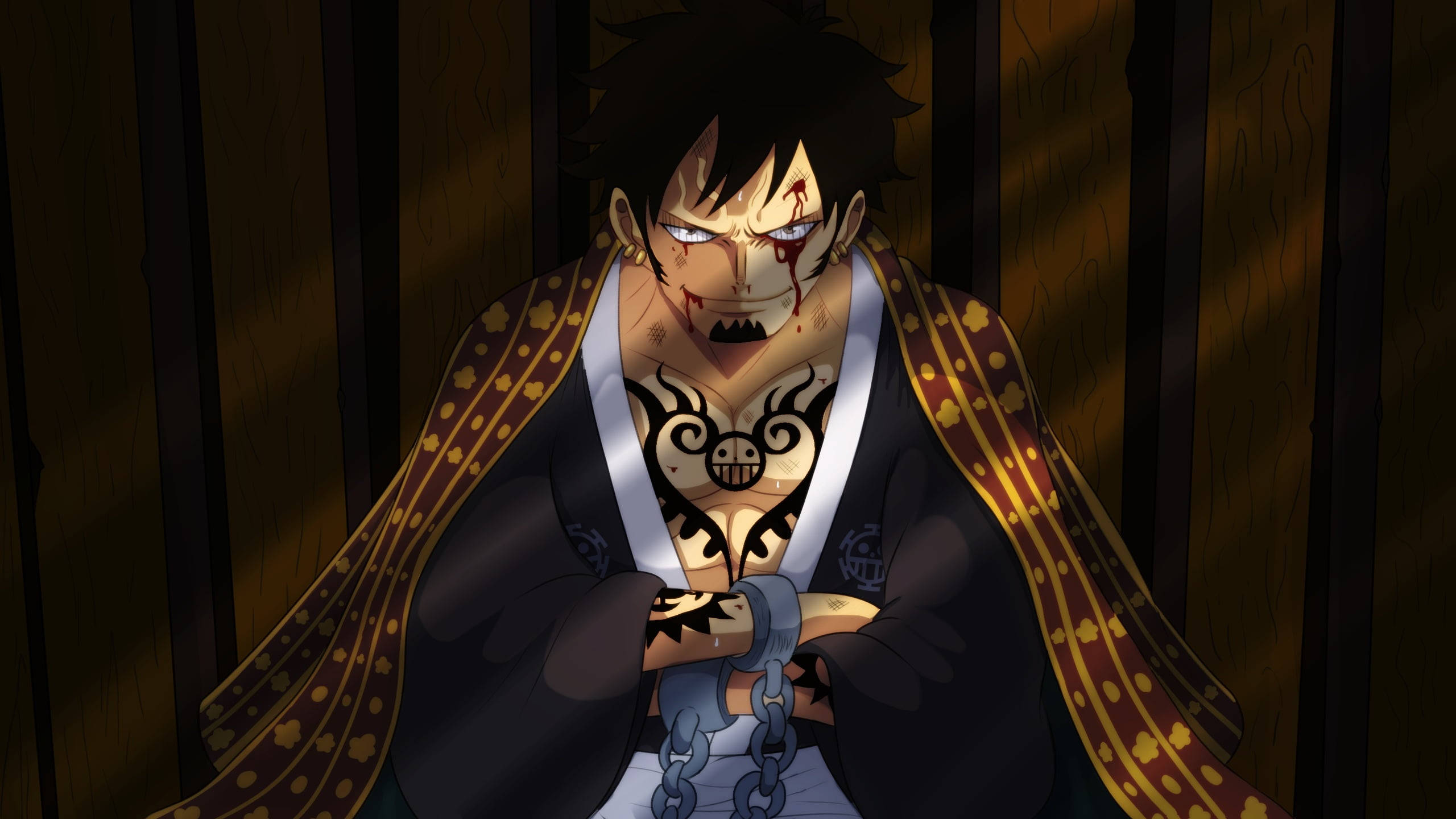 Trafalgar Law, chains, wooden cell, 2K Desktop Wallpaper