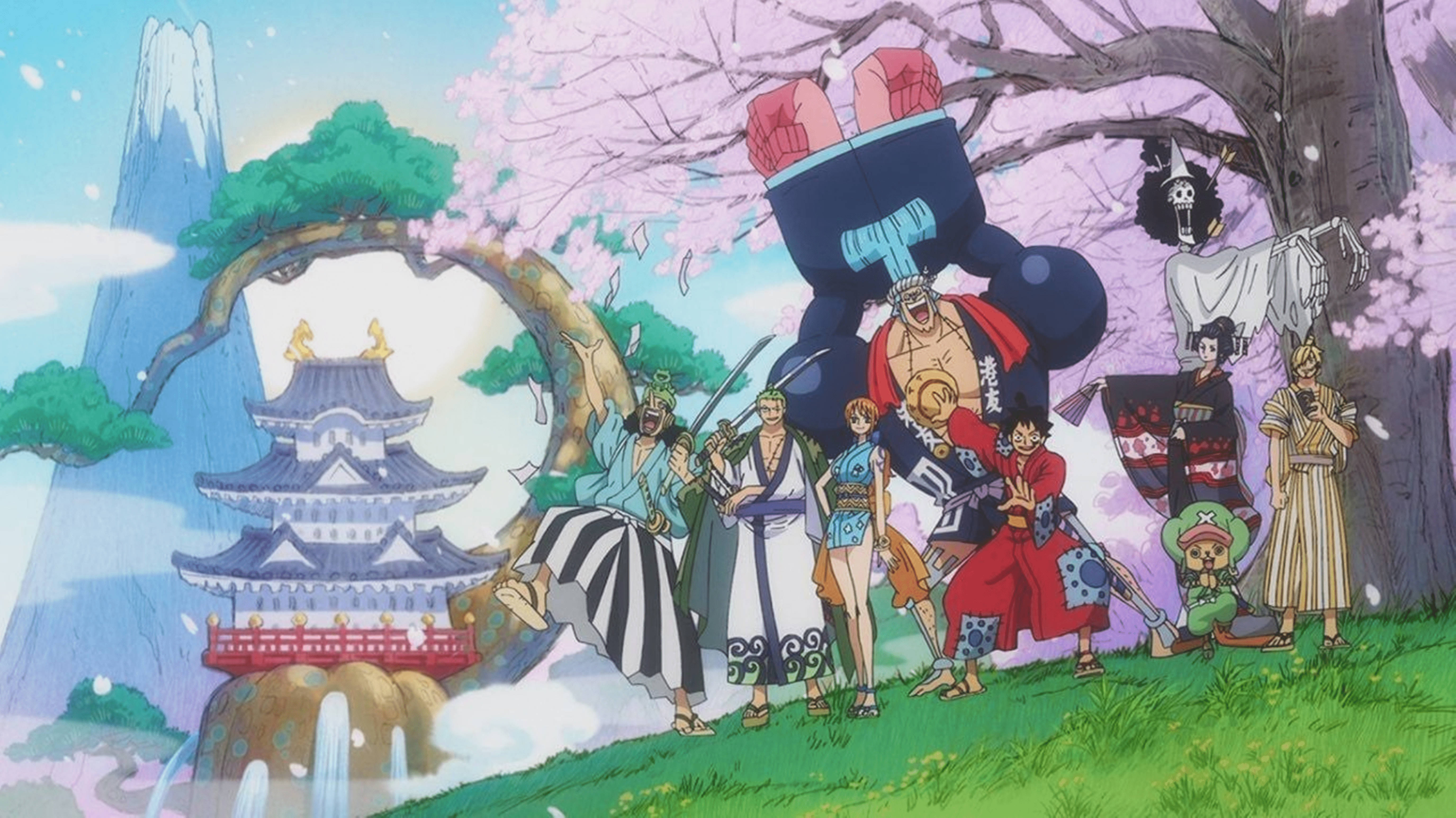 One Piece Wano 4K, cherry blossoms, pagoda, 5K Desktop Wallpaper