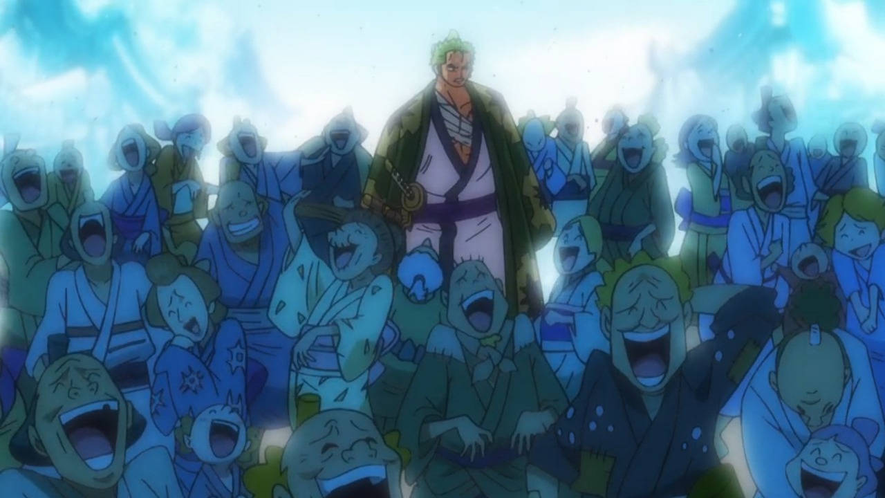One Piece Wano, anime warrior, crowd of laughing onlookers, HD Desktop Wallpaper