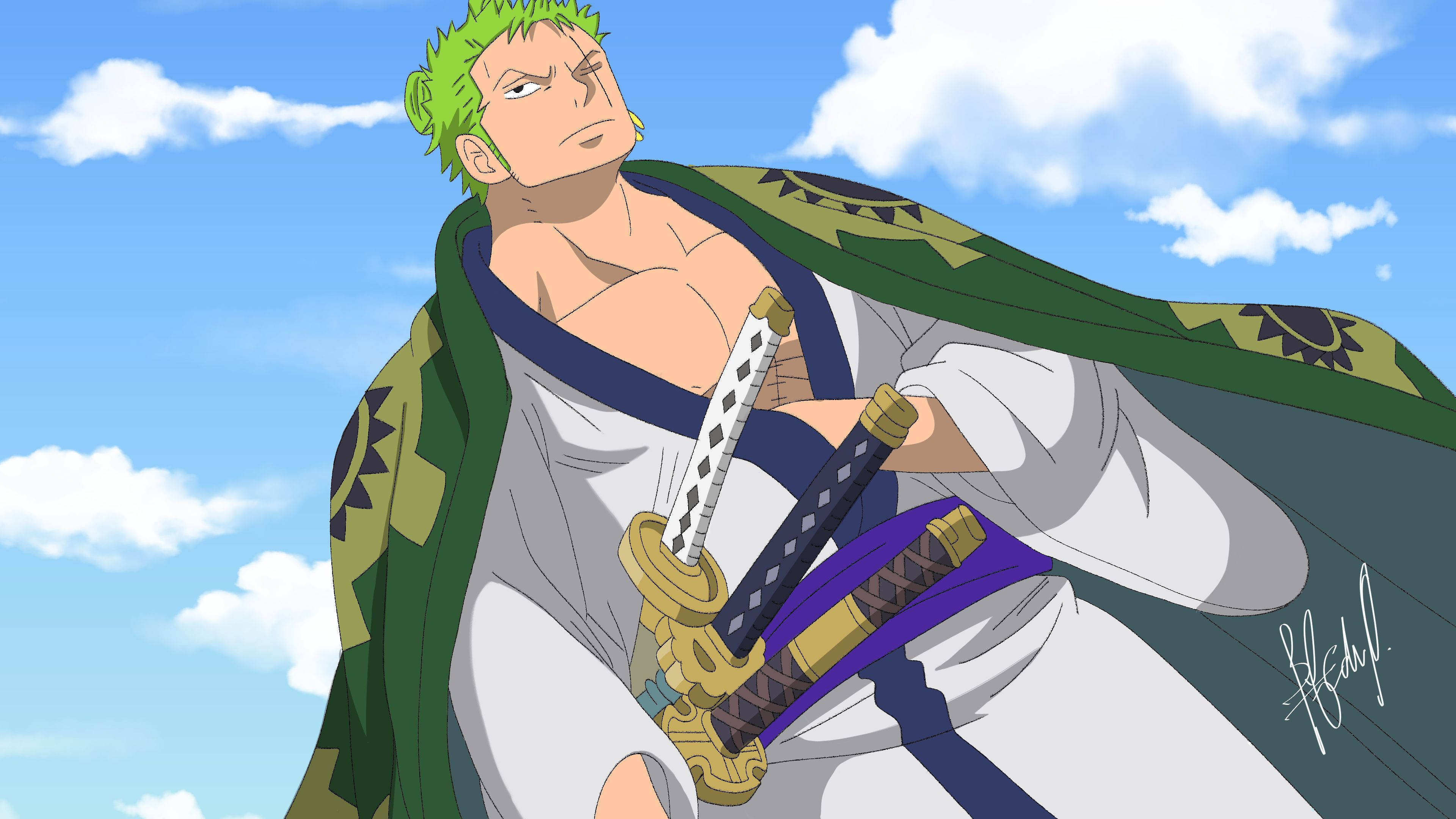 One Piece Zoro, green hair, green cloak, 4K Desktop Wallpaper