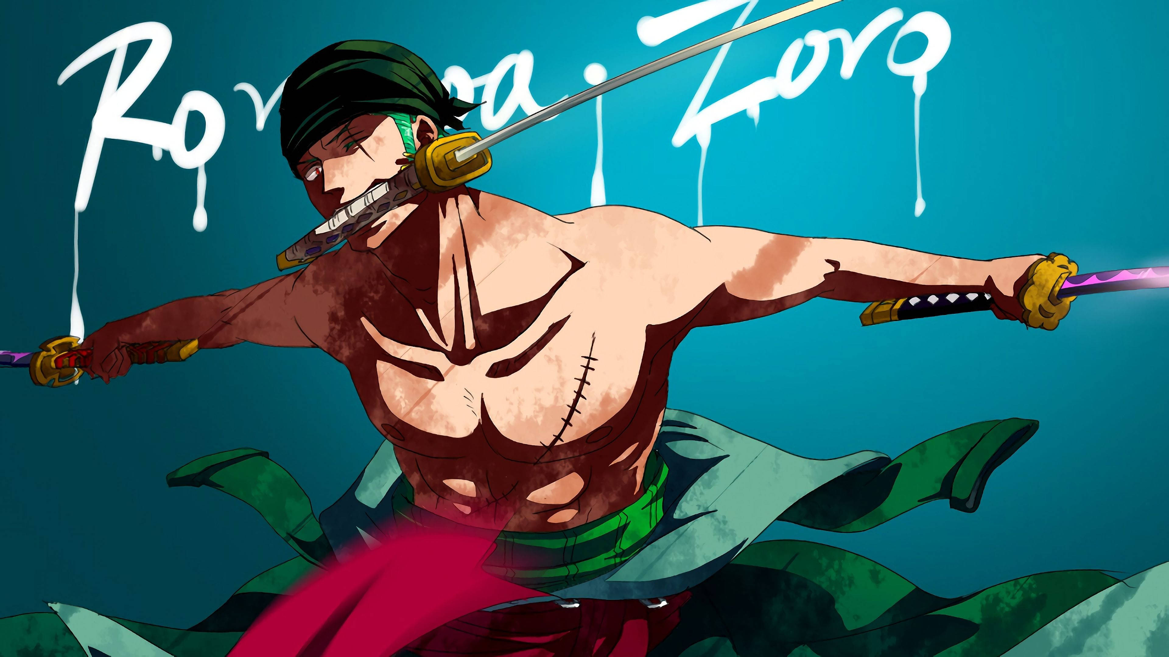 One Piece Zoro, blue, muscular anime swordsman, 4K Desktop Wallpaper