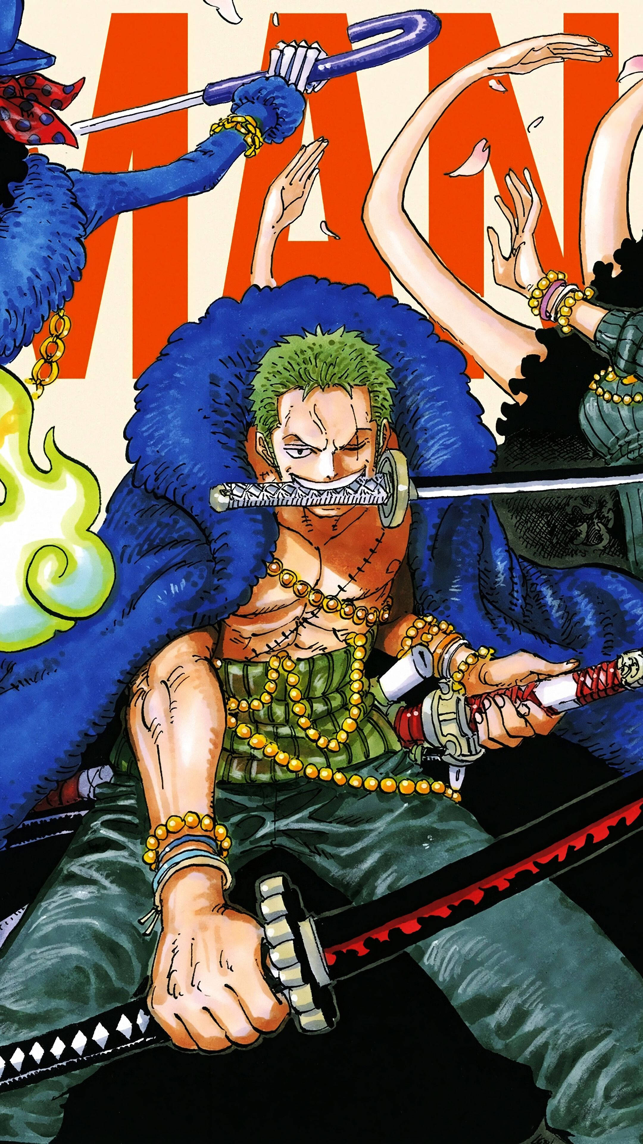 One Piece Zoro, green hair, blue fur coat, 4K Phone Wallpaper