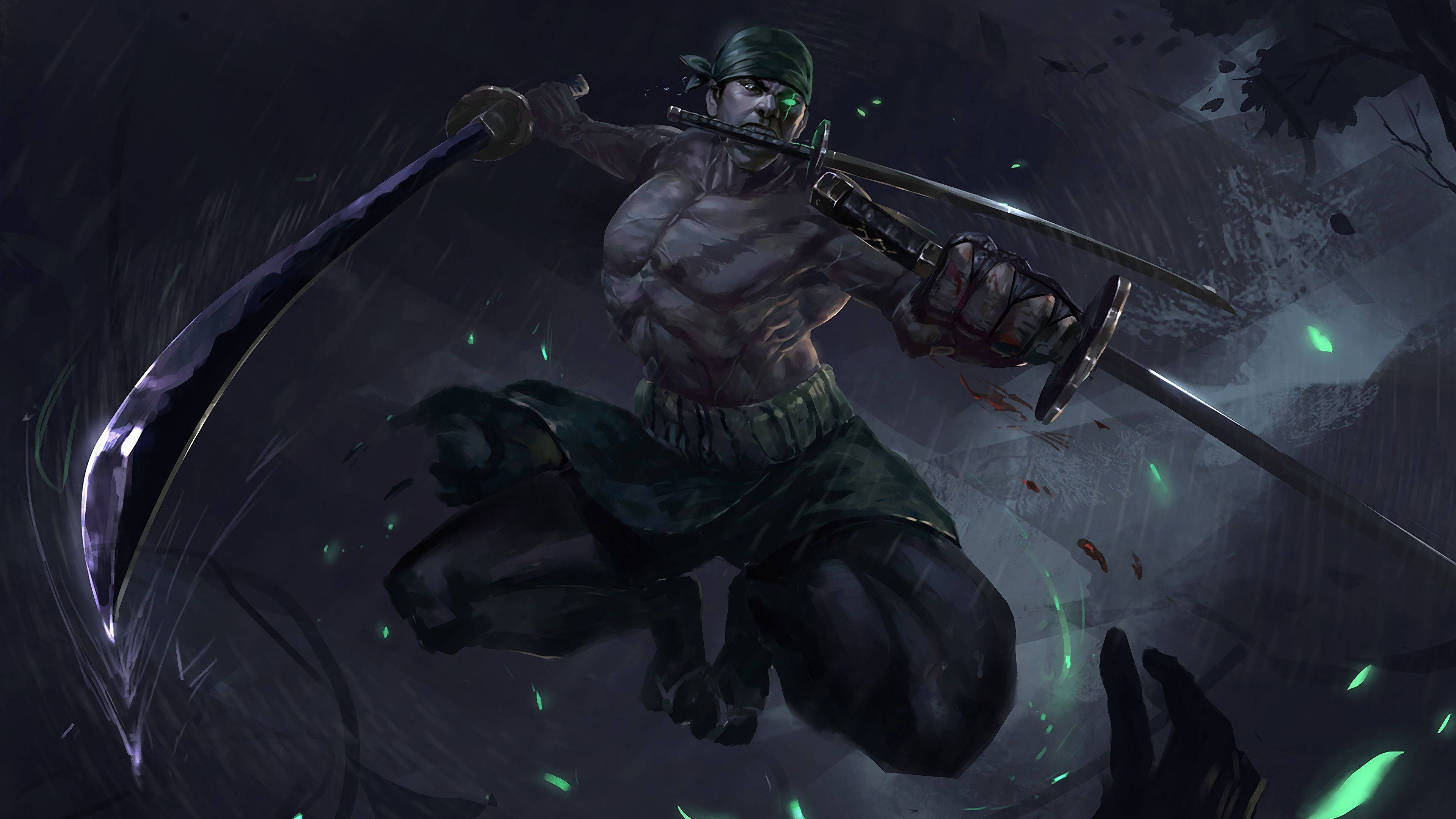 One Piece Zoro, green gear, emerald particles, 4K Desktop Wallpaper