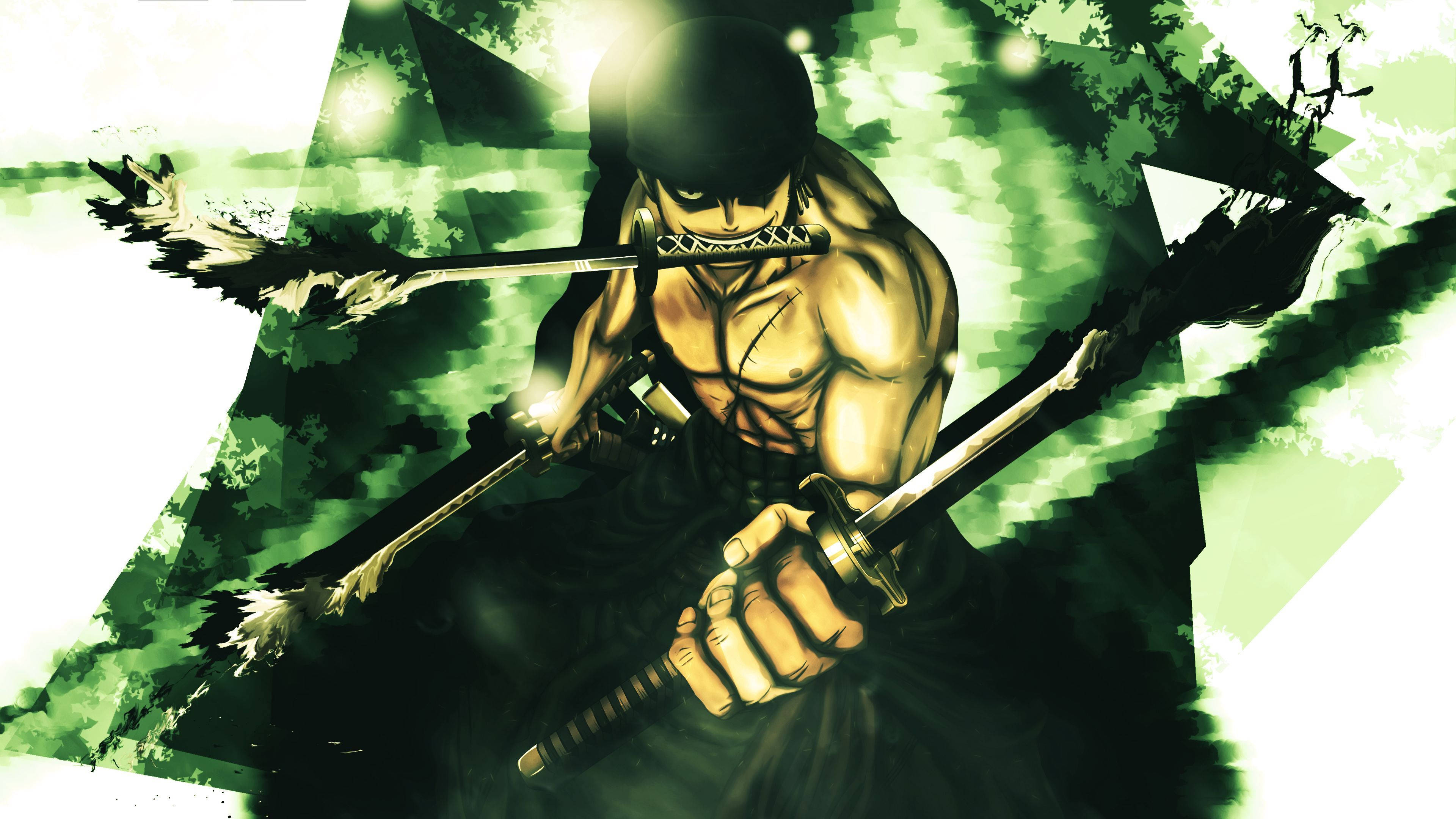 One Piece Zoro, green themed, muscular anime swordsman, 4K Desktop Wallpaper
