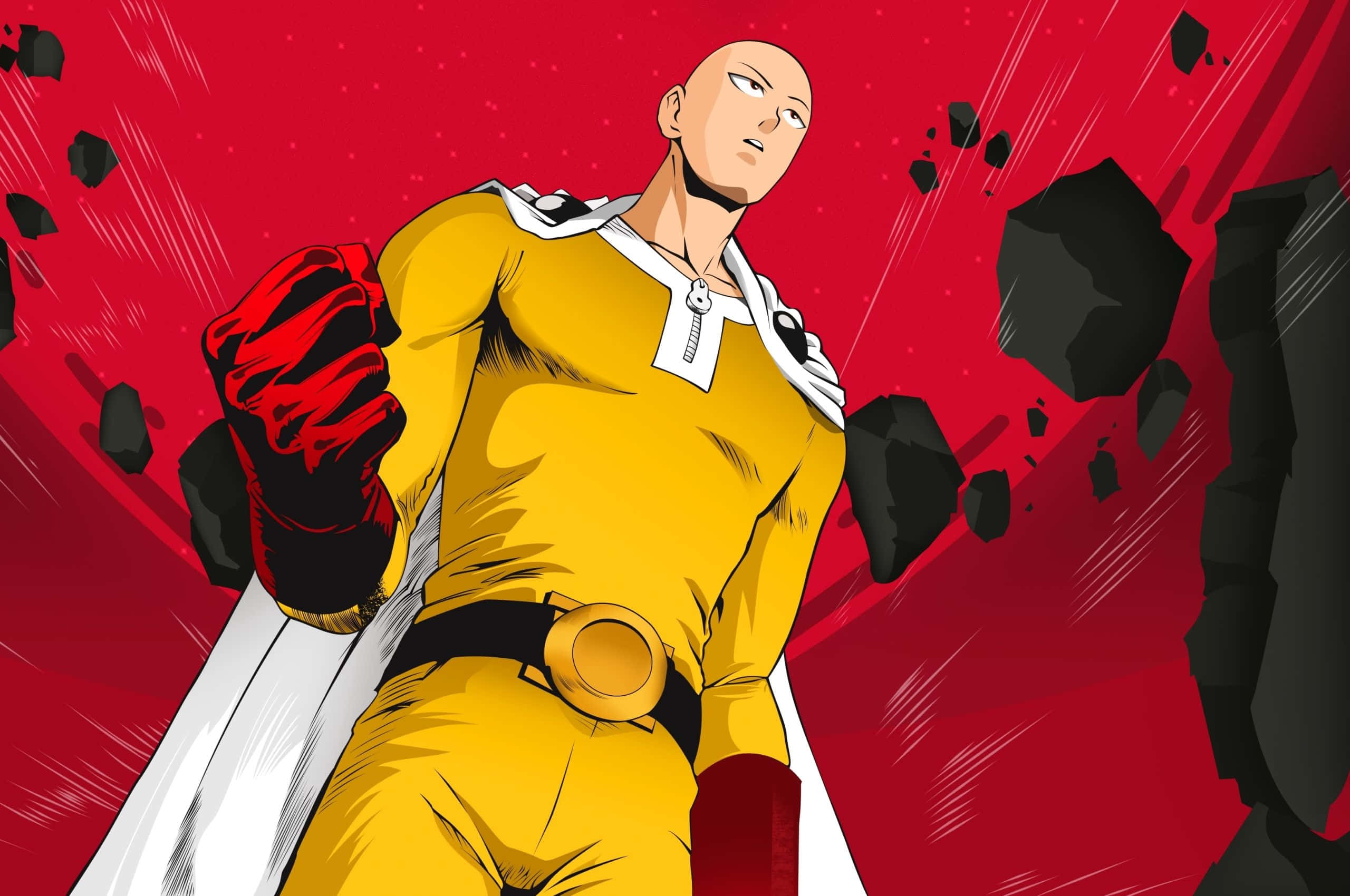 One Punch Man, bald anime hero, yellow suit, 2K Desktop Wallpaper