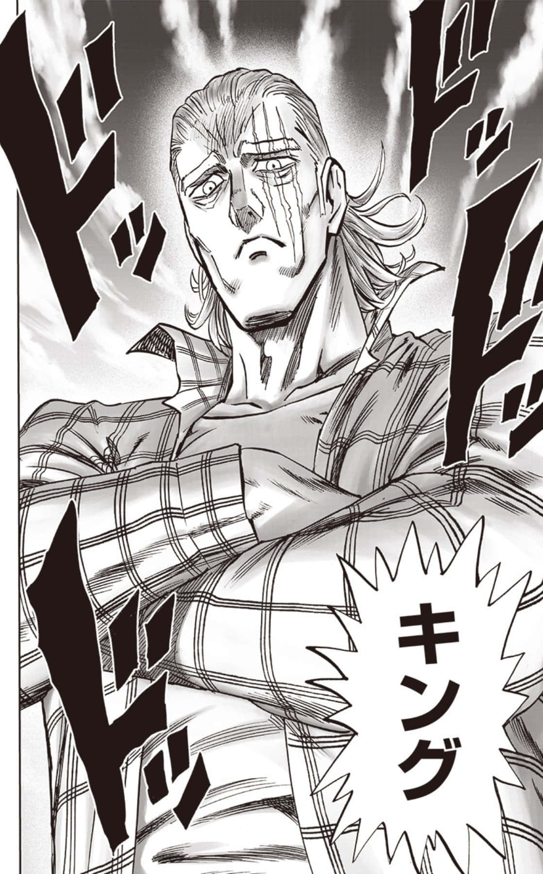 One Punch Man King, plaid shirt, bold onomatopoeia, HD Phone Wallpaper