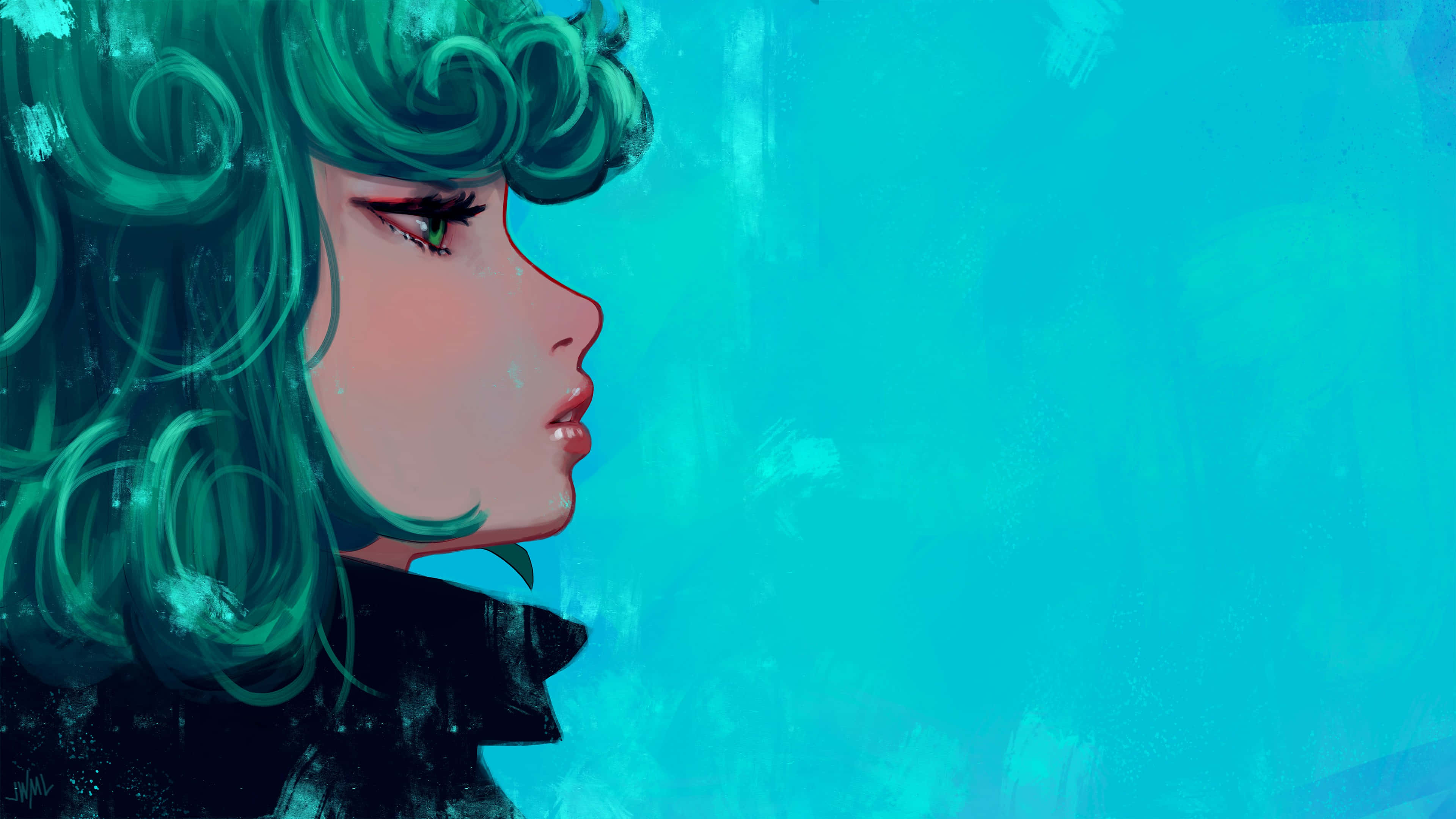 One Punch Man Minimalist, teal curls, vibrant cyan textured background, 2K Desktop Wallpaper