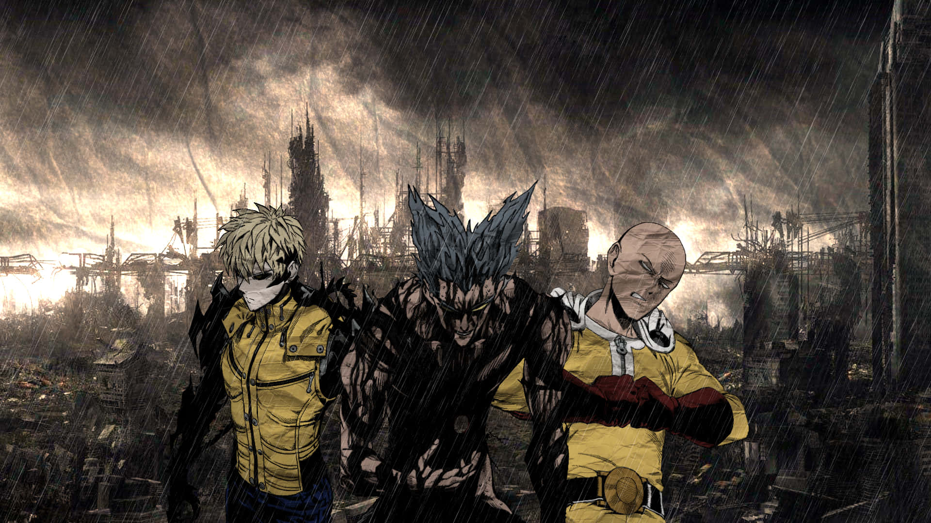 One Punch Man Season 2, rain-soaked ruined city, stormy sky, Full HD Desktop Wallpaper
