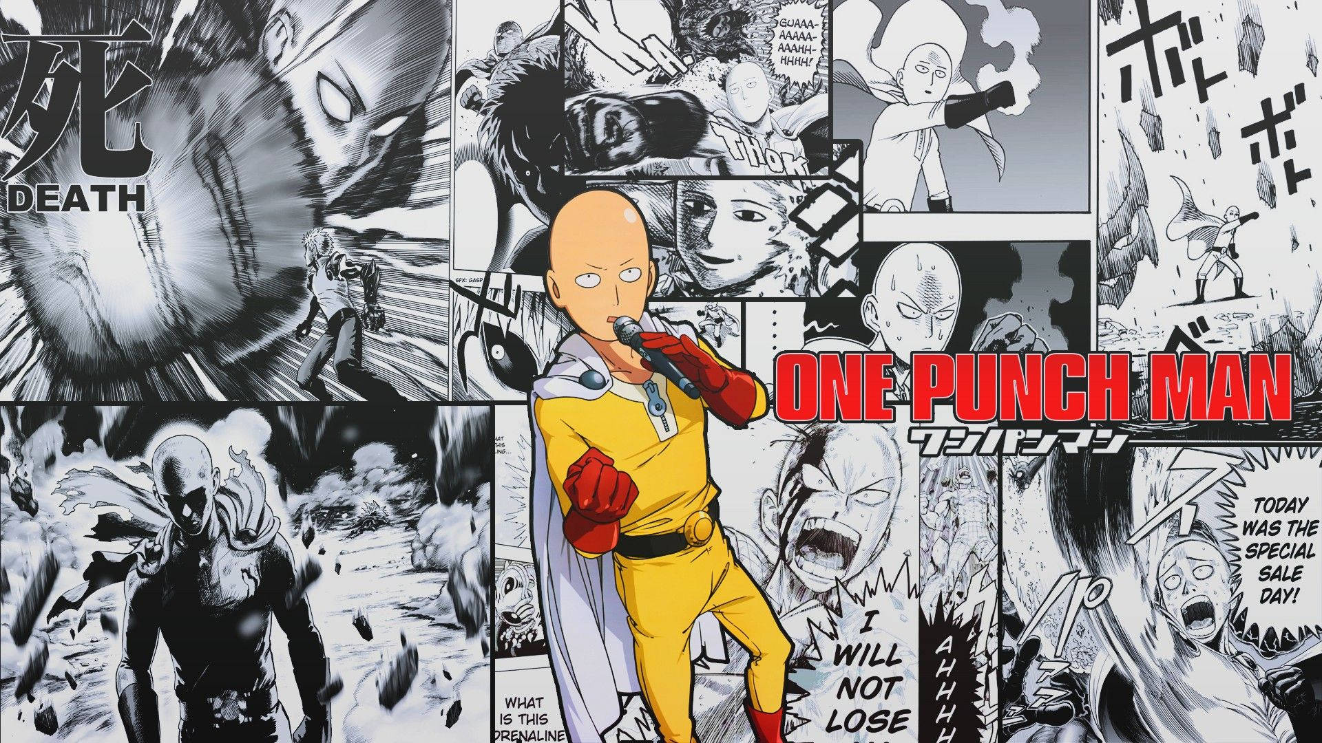 One Punch Man, yellow suit, black and white action panels, Full HD Desktop Wallpaper