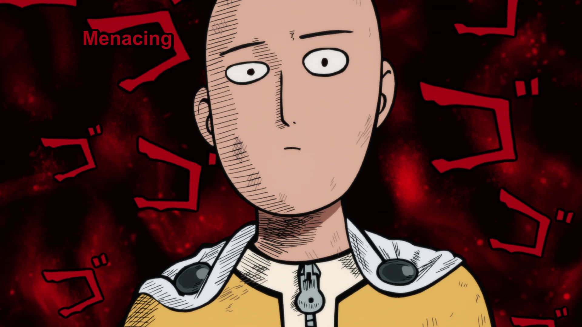 One Punch Man, yellow suit, red background, Full HD Desktop Wallpaper