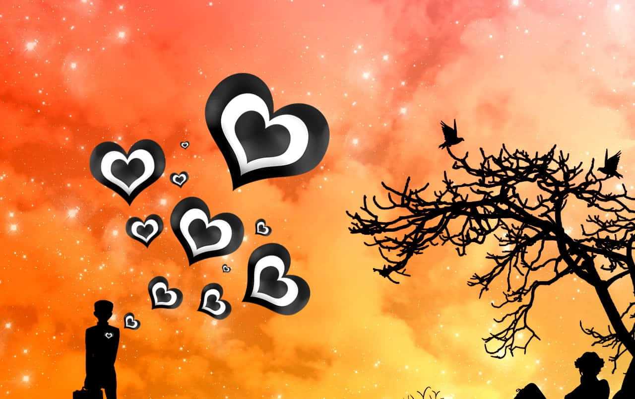 Passing Man In Love, vibrant orange sky, floating black-and-white hearts, HD Desktop Wallpaper