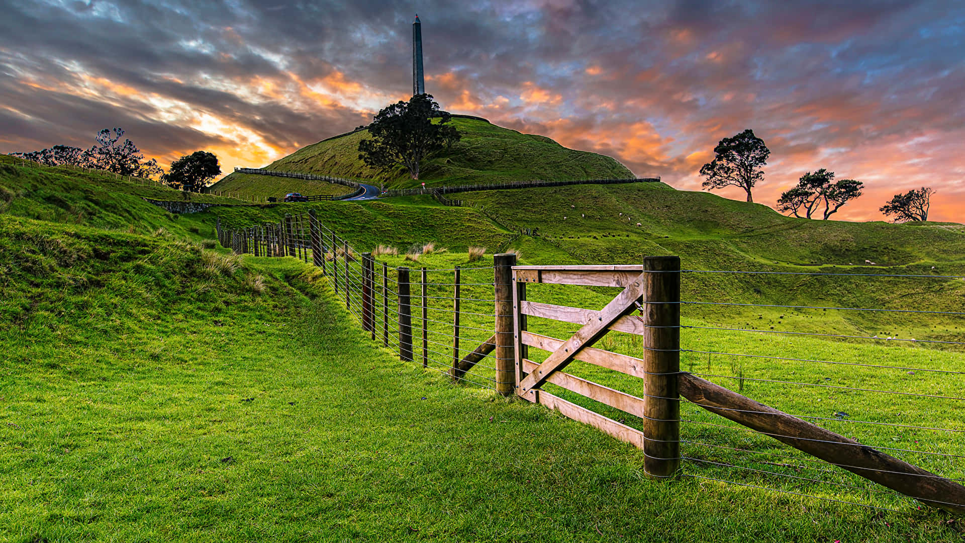 One Tree Hill Auckland, sunset, wooden gate, Full HD Desktop Wallpaper