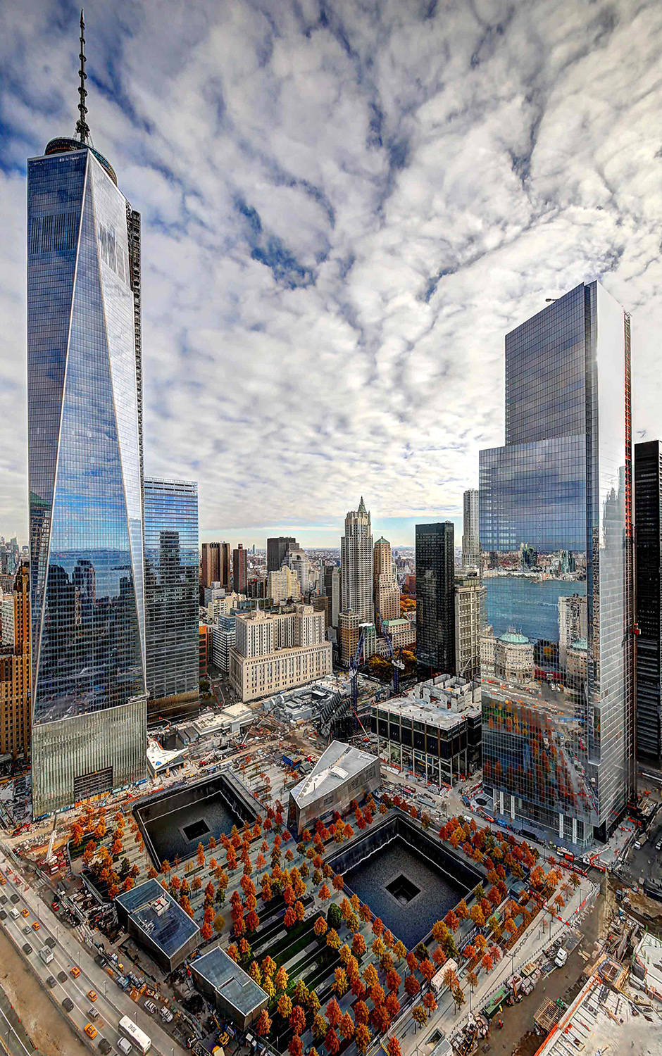 One World Trade Center, 911 Memorial pools, autumnal trees, HD Phone Wallpaper