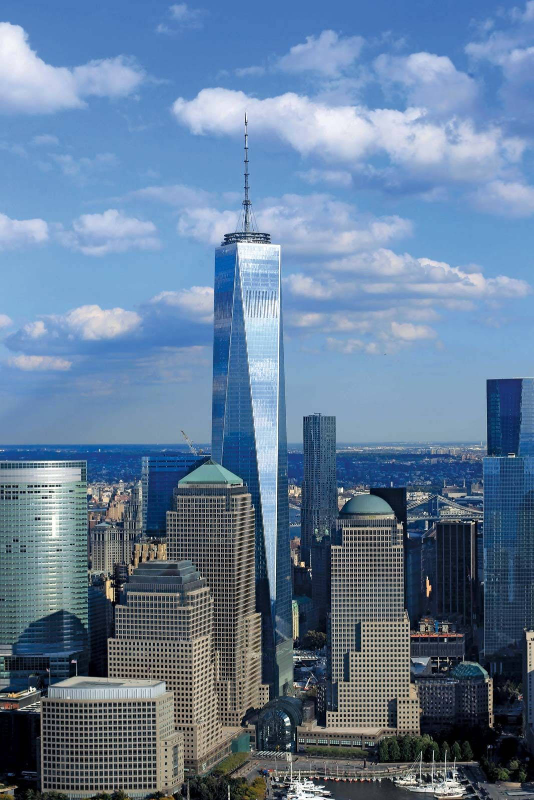 One World Trade Center, bright blue sky, fluffy white clouds, HD Phone Wallpaper