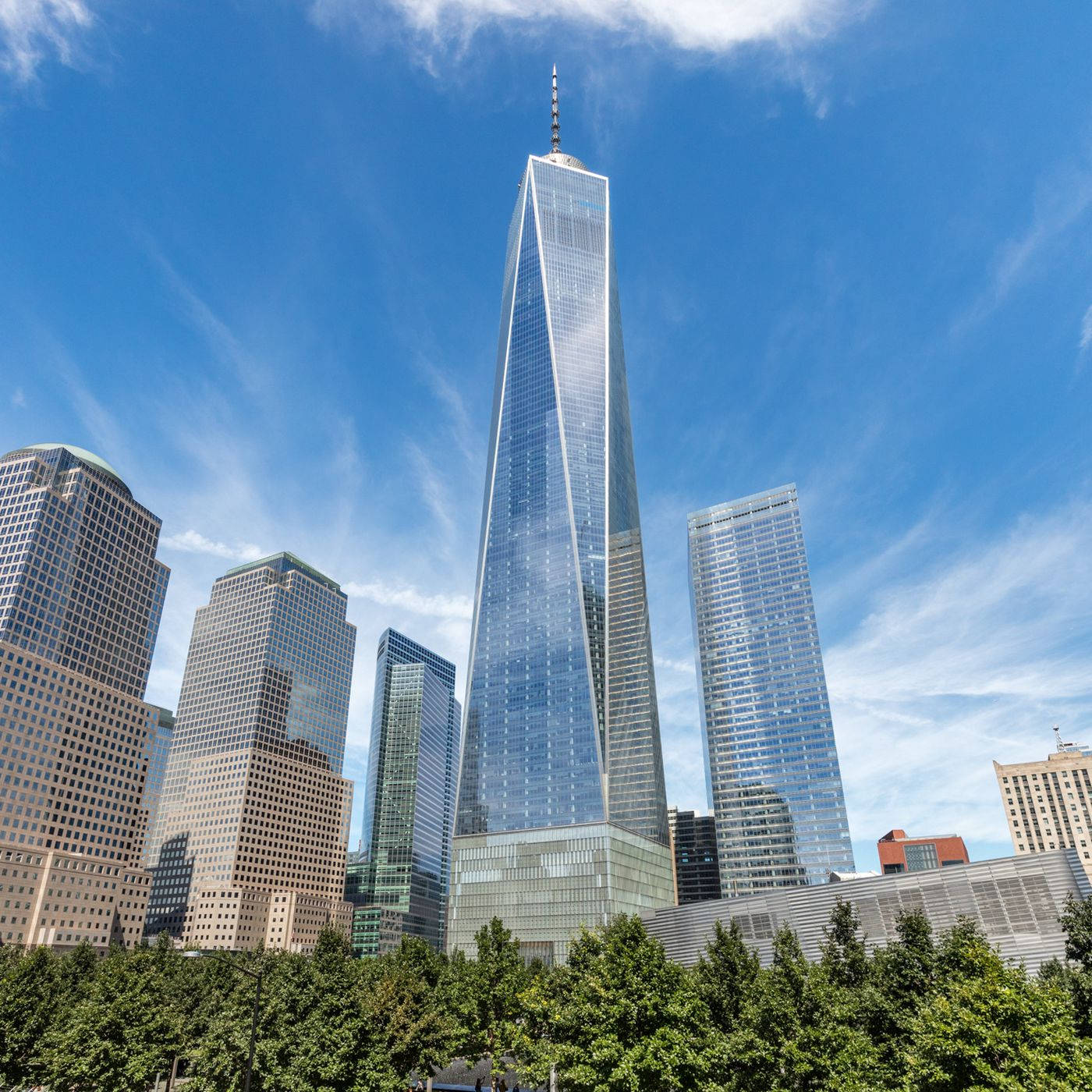 One World Trade Center, glass skyscraper, bright blue sky, HD Desktop Wallpaper