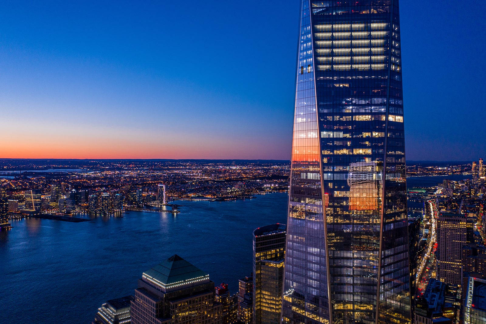 One World Trade Center, sunset hues, city lights, HD Desktop Wallpaper