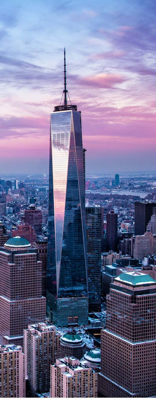 One World Trade Center, purple sunset, pink and purple clouds, HD Phone Wallpaper