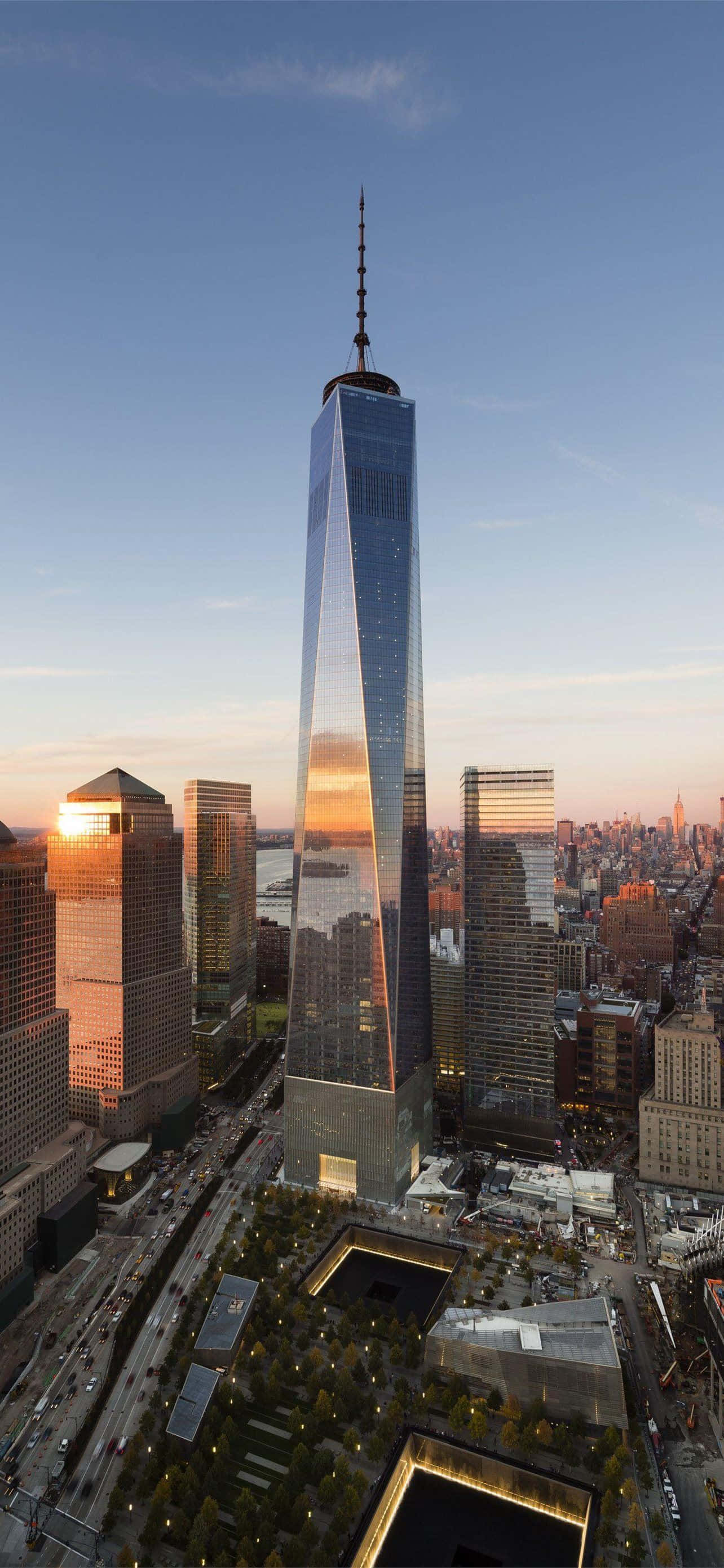 One World Trade Center, Sunset, Golden sunset hues, 2K Phone Wallpaper