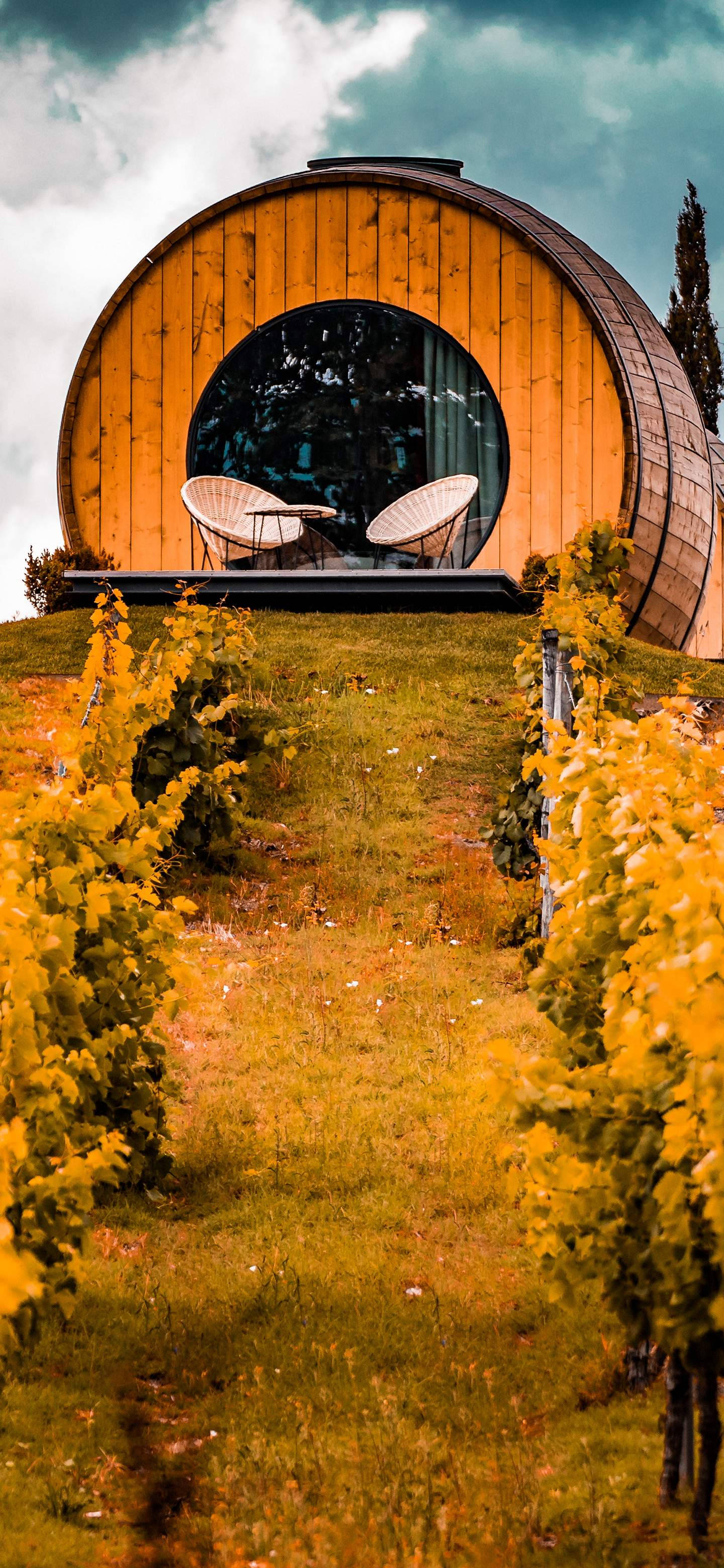 OnePlus 7 Pro, hilltop lounge, wooden barrel-shaped cabin, 2K Phone Wallpaper