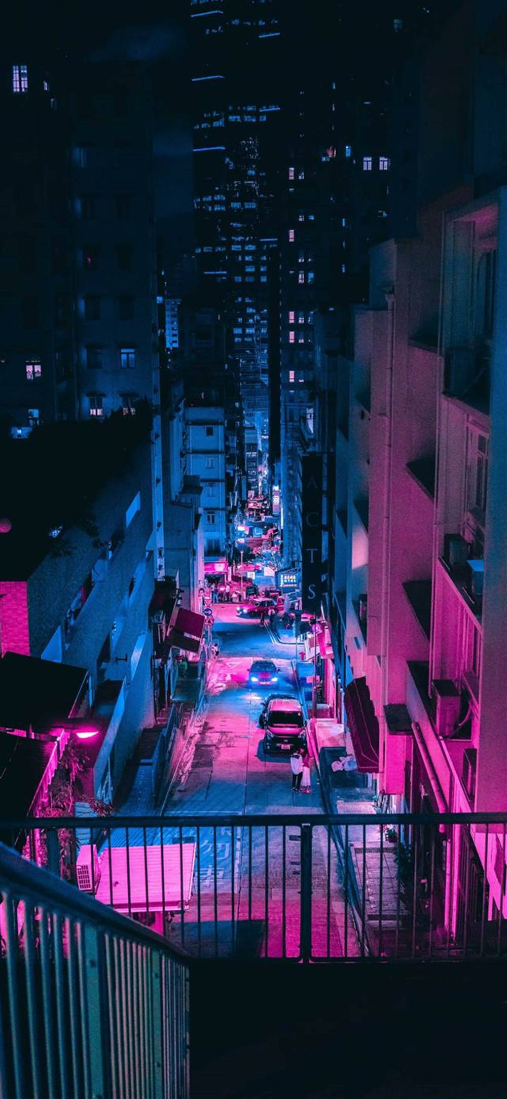 OnePlus 8 Pro, neon-drenched urban alley, pink and blue lights, Full HD Phone Wallpaper