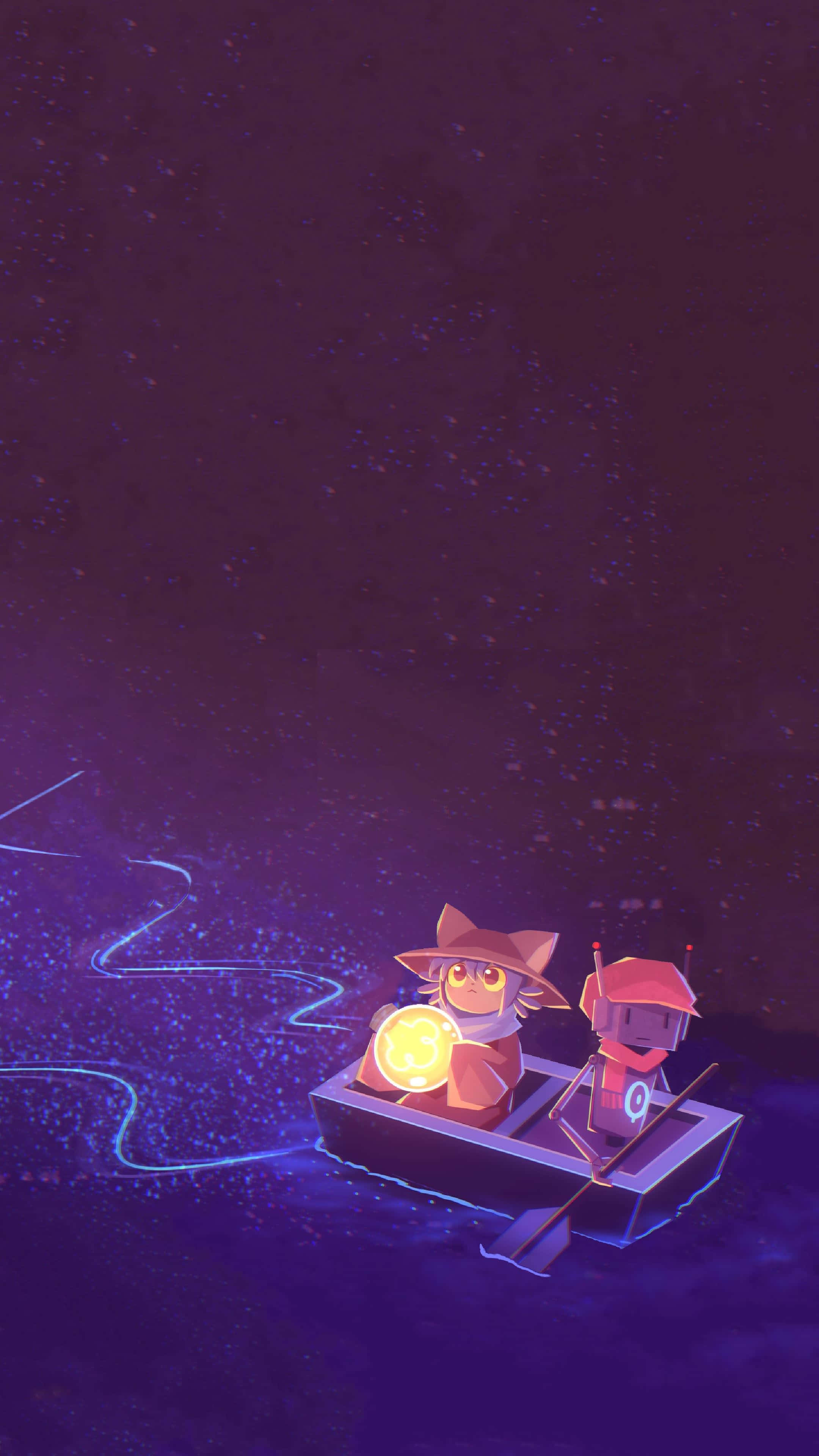Oneshot, boat, starry purple void, 4K Phone Wallpaper
