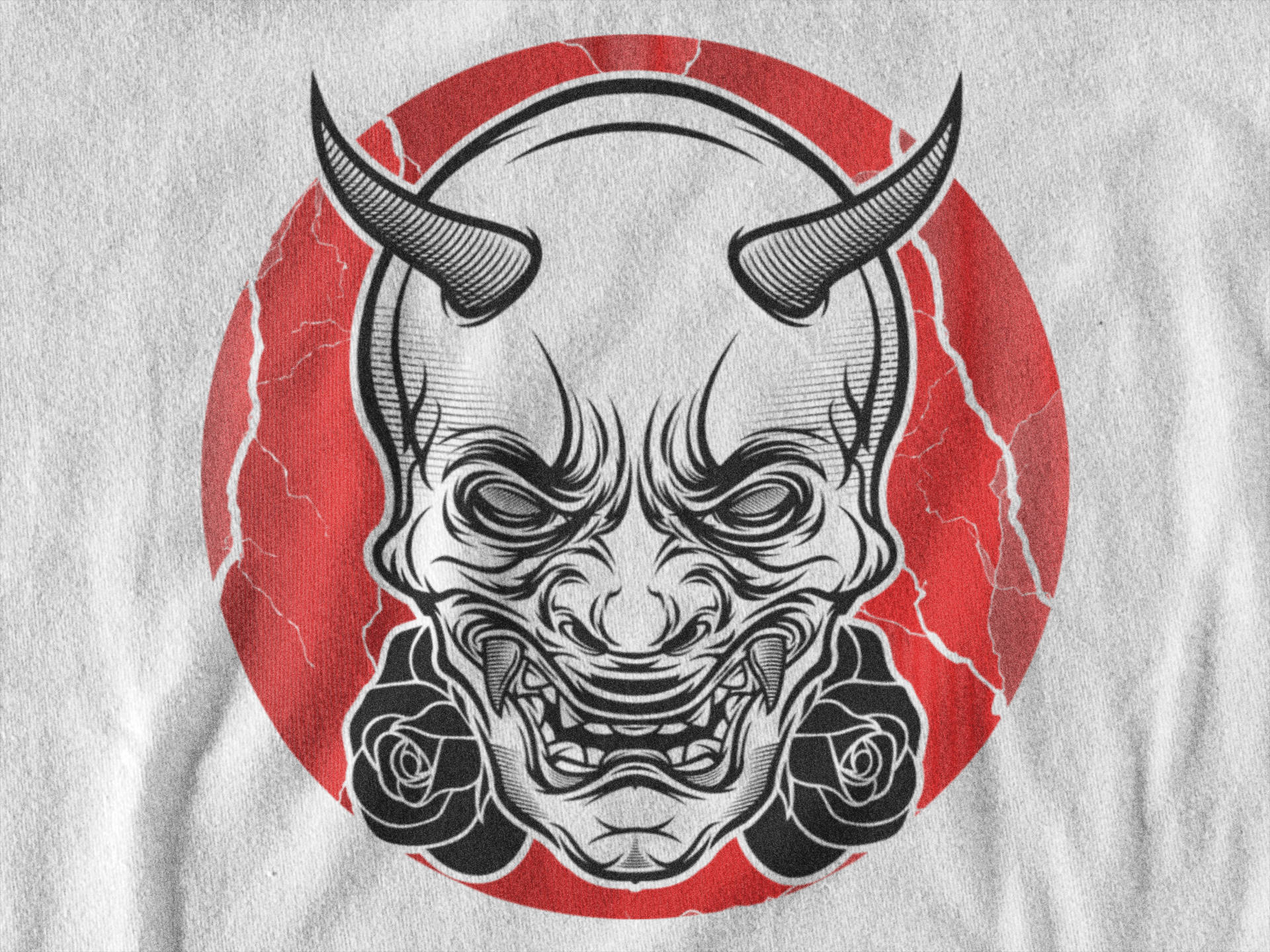Oni Mask, roses, cracked red circle, Full HD Desktop Wallpaper