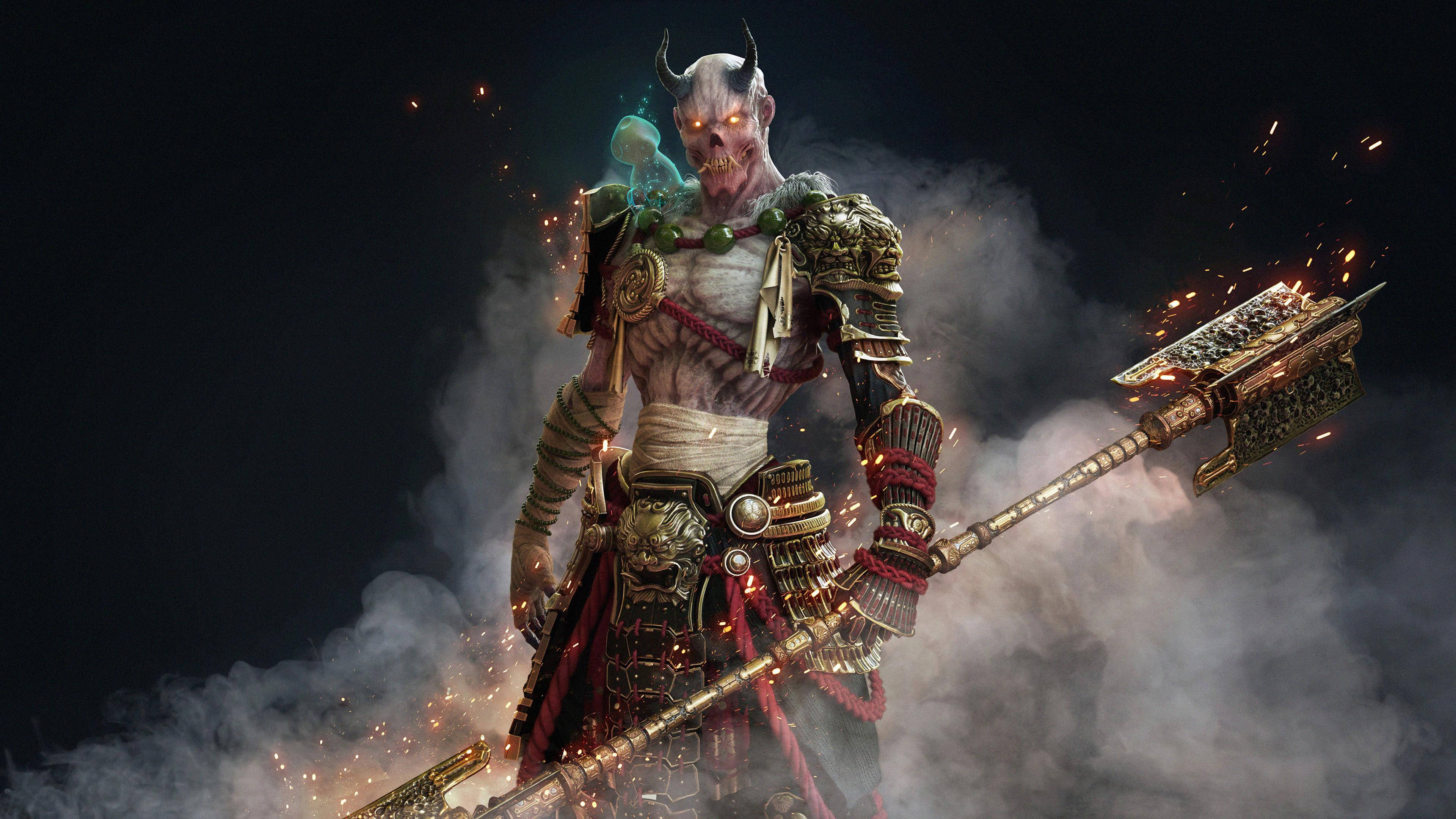 Oni Mask, skeleton warrior, flaming halberd, 4K Desktop Wallpaper