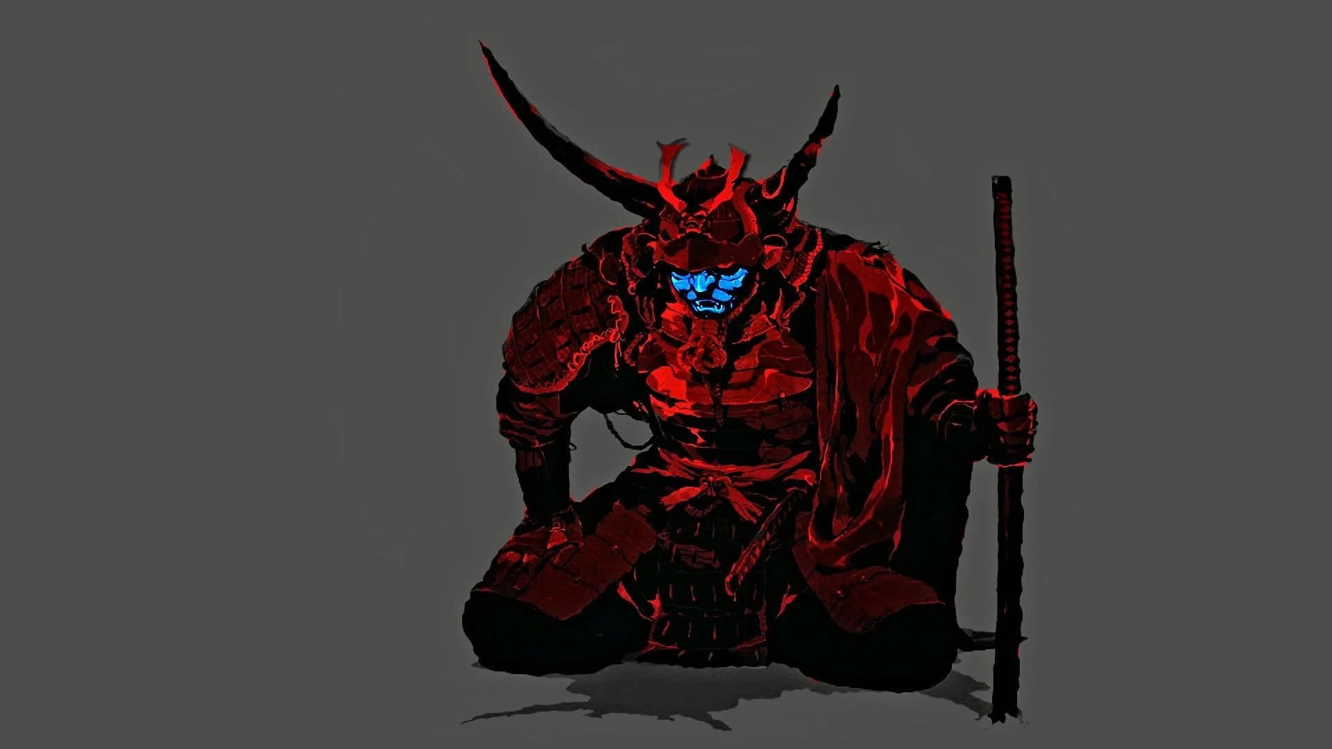 Oni Mask, red-armored samurai demon, glowing blue eyes, Full HD Desktop Wallpaper