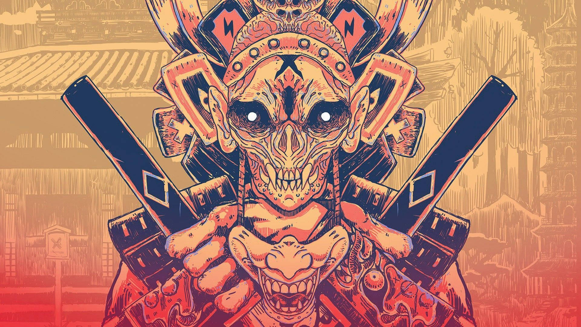 Oni Mask, yellow, stylized skull warrior, Full HD Desktop Wallpaper