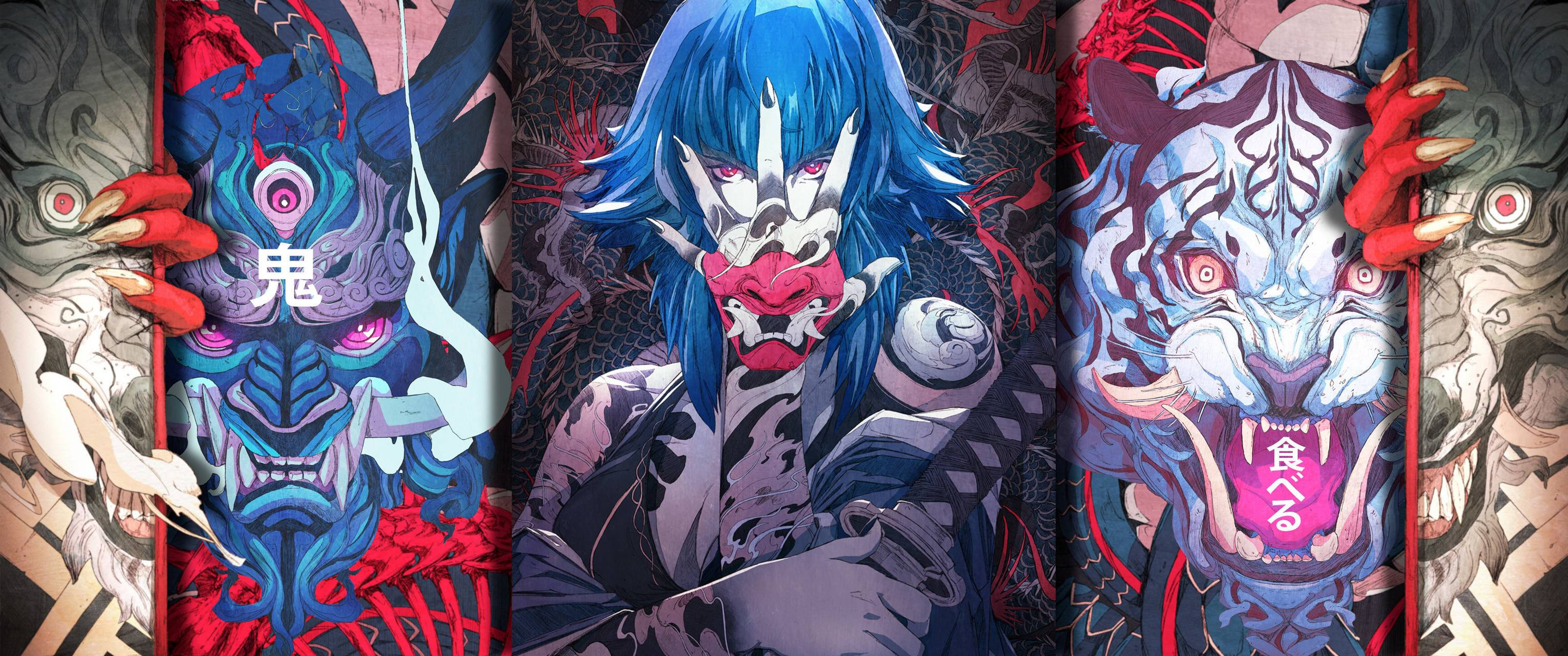 Oni Mask, blue-haired anime warrior, red mask, 2K Desktop Wallpaper