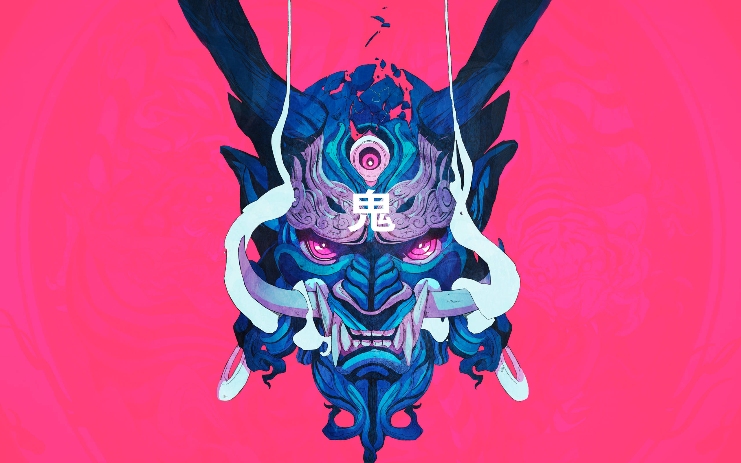 Oni Mask, blue oni mask, glowing pink eyes, 2K Desktop Wallpaper