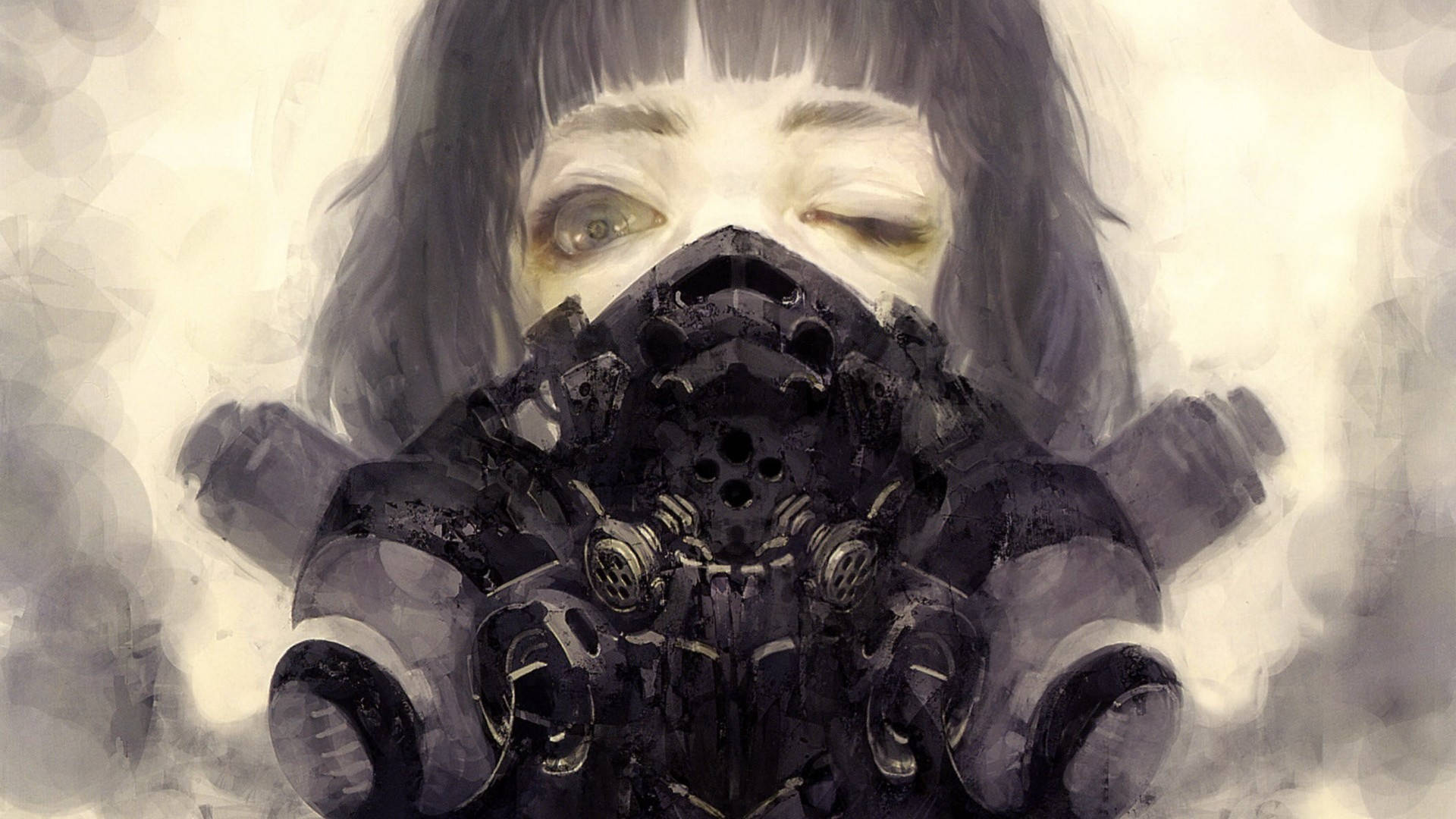 Oni Mask, girl, black gas mask, Full HD Desktop Wallpaper