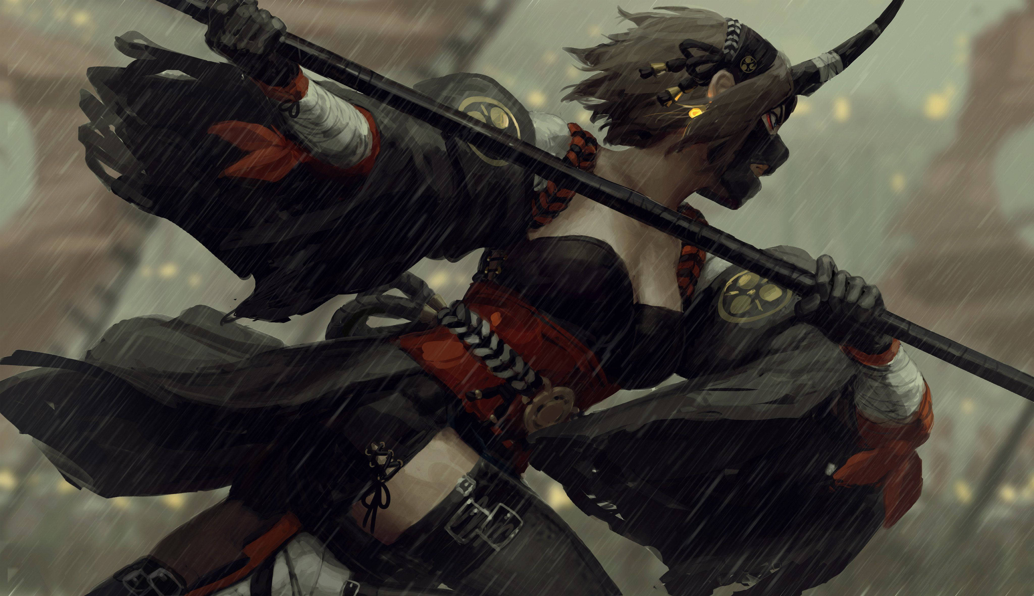 Oni Mask, female warrior, horns, 4K Desktop Wallpaper