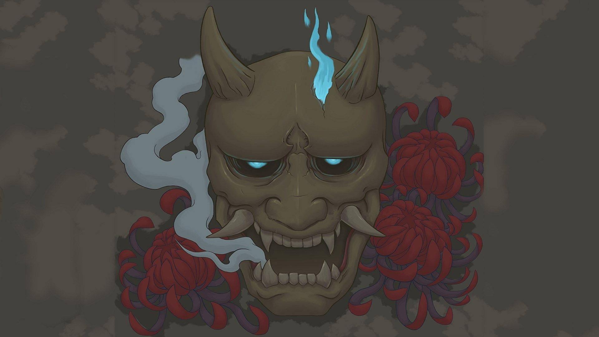 Oni Mask, red peonies, glowing blue eyes, Full HD Desktop Wallpaper