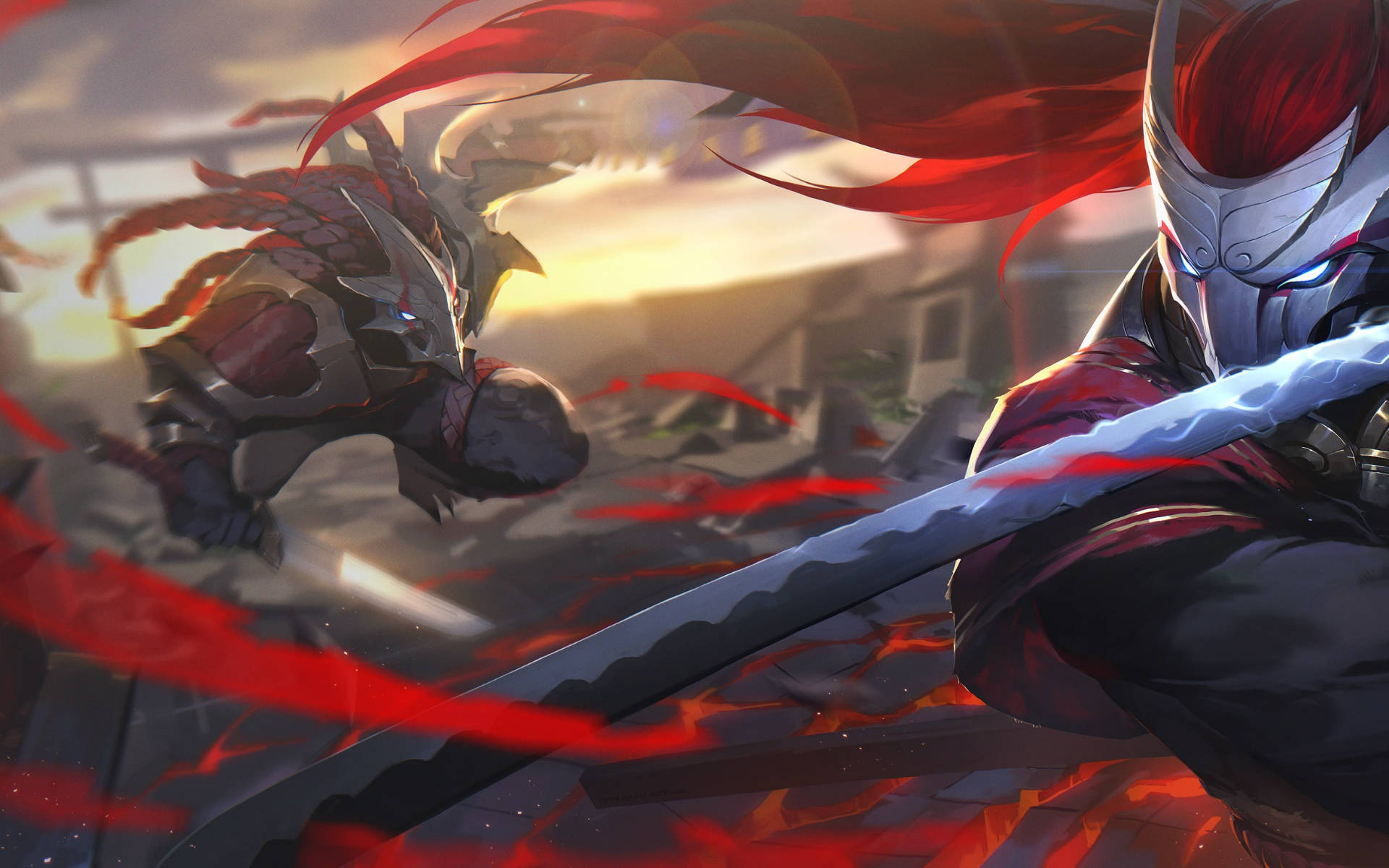 Oni Mask, red-haired warrior, monstrous beast, Full HD Desktop Wallpaper